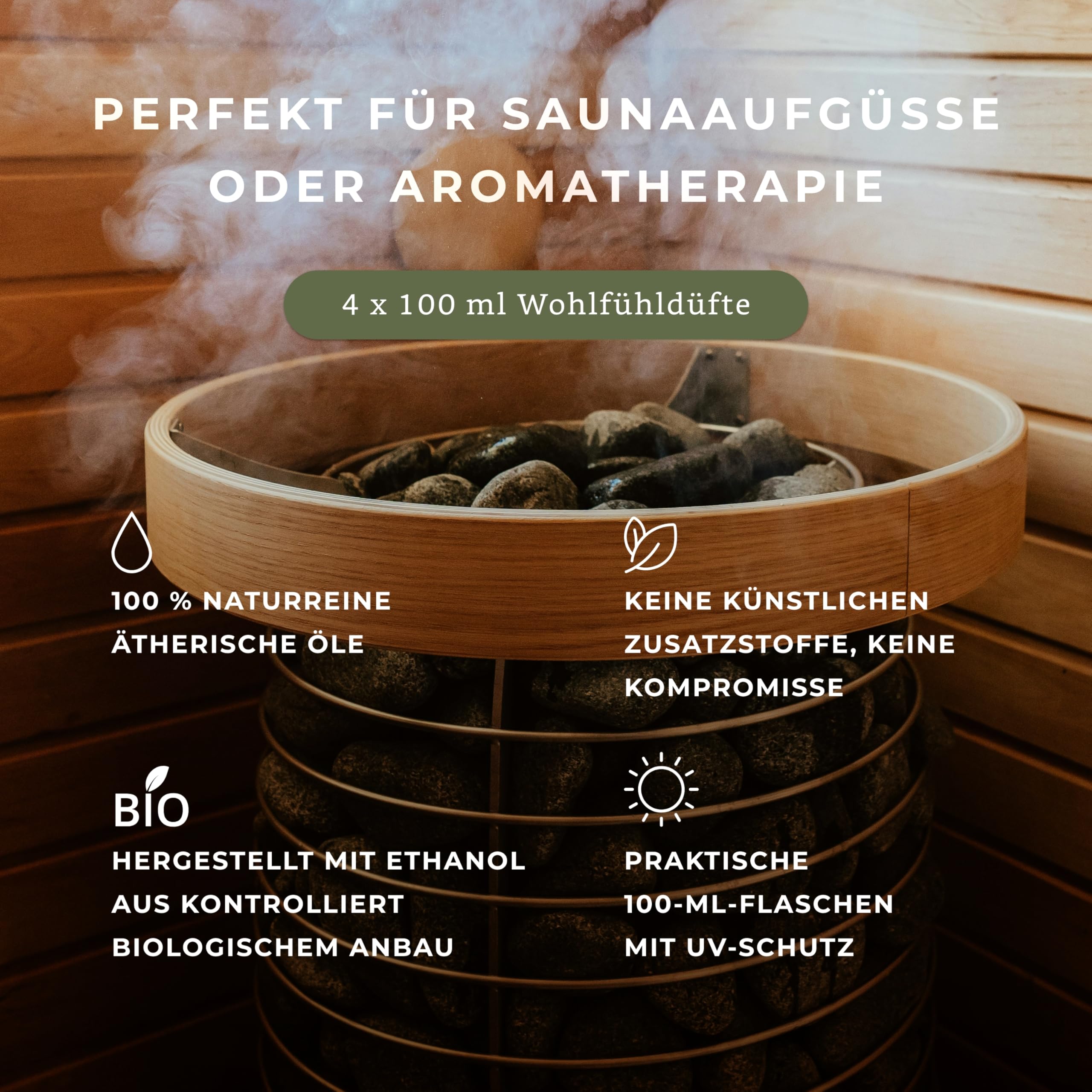 Amari ® Saunaaufguss Set Alpenglück – natürliche Saunadüfte mit Bio-Ethanol – Naturreine Ätherische Öle – Aufgussmittel, Sauna, Saunaöl, Duftöl