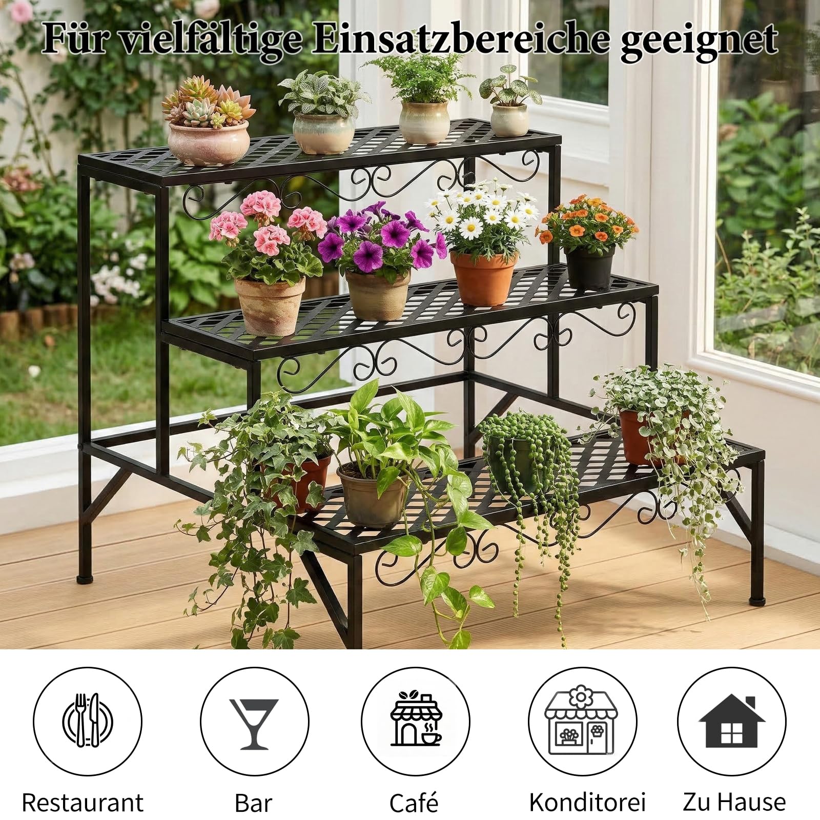 3-stöckige Metall Blumentreppe, Pflanzentreppe für Balkon Garten Wohnzimmer, wetterfestes Blumenregal als Deko, 70x60x60cm Schwarz