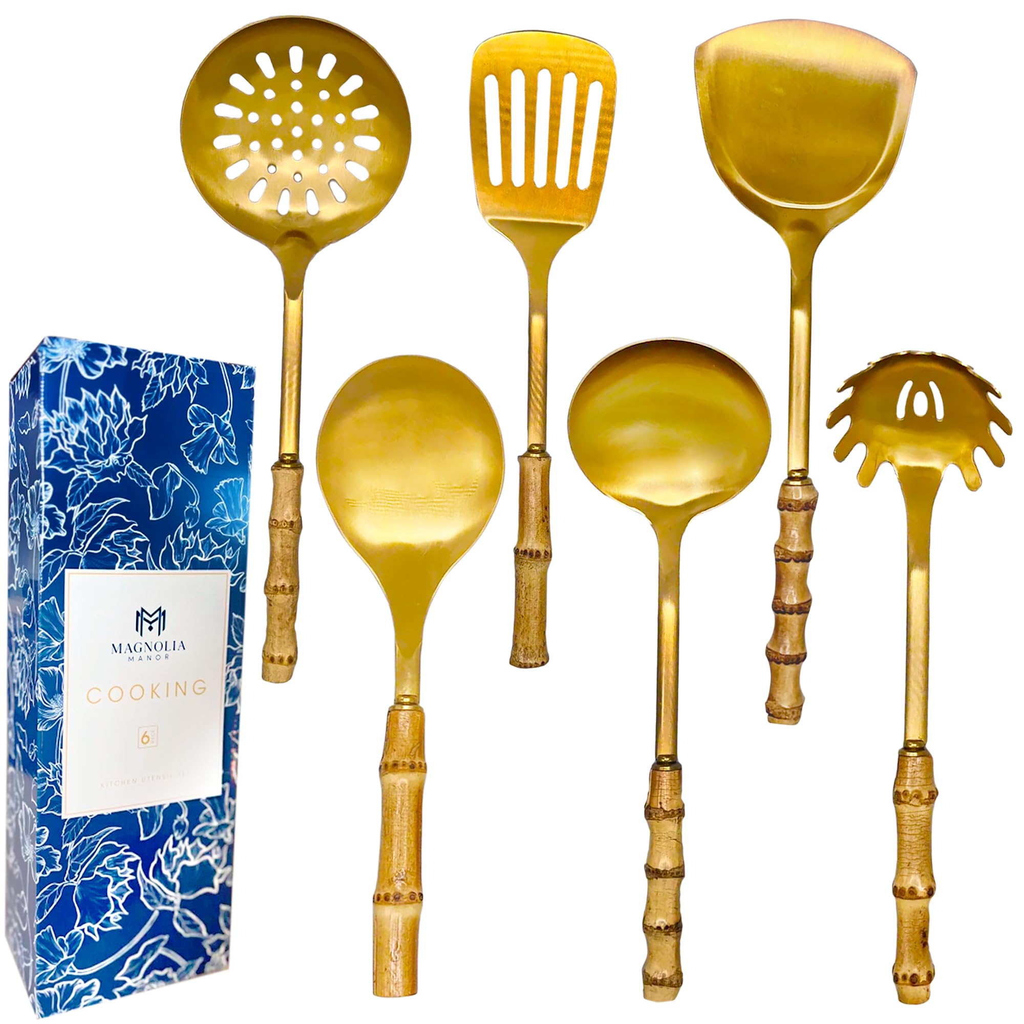 Herramientas de cocina de acero inoxidable de bambú, utensilios de cocina y servir de latón/oro, utensilios de cocina dorados con mango de madera de bambú