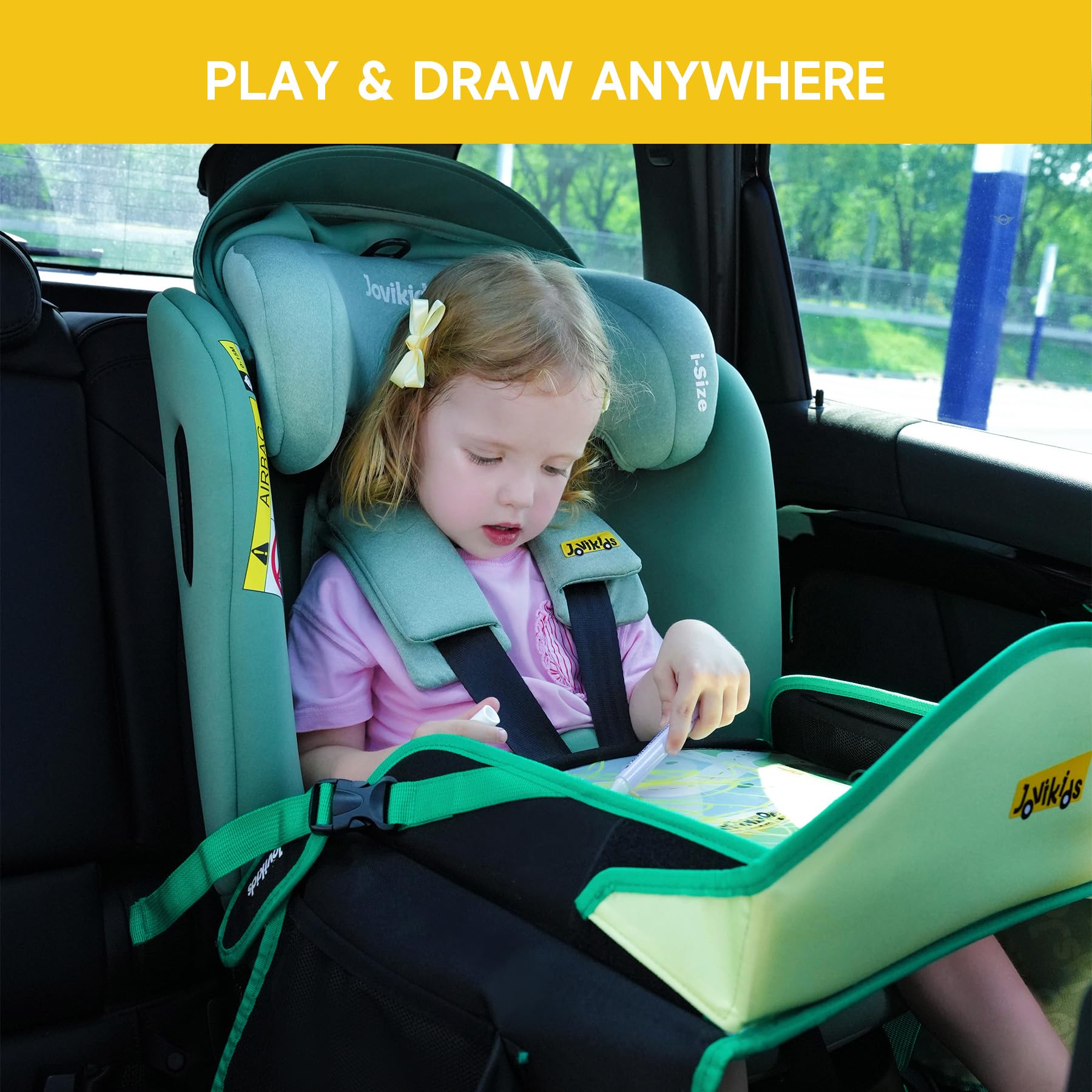 Jovikids Plateau Voiture de Voyage Enfants, Tableau Effacable pour Éduquer, Dessiner, Sack, Table Jeux pour Long Trajet Voiture, Avion (Vert)