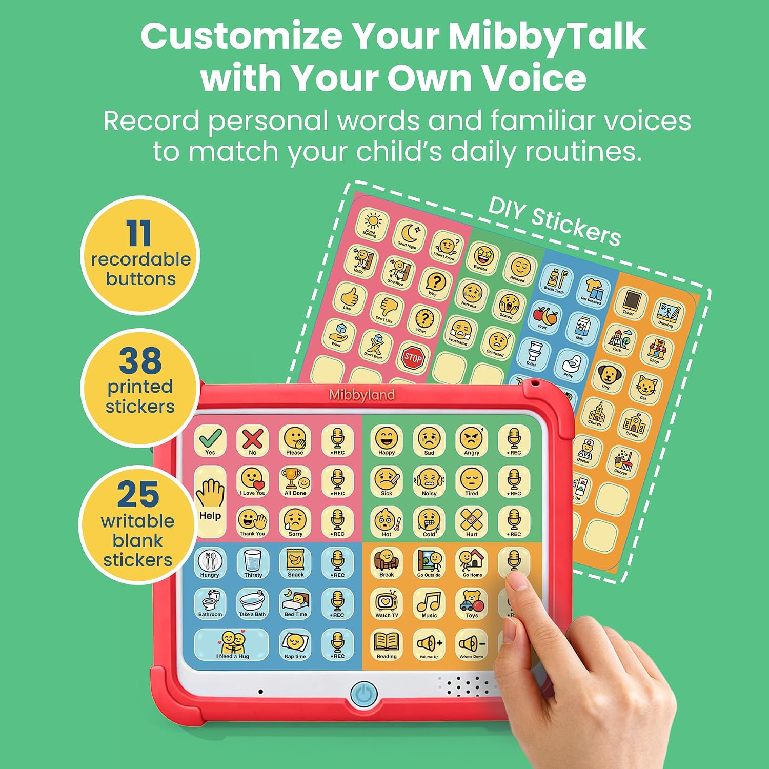 MibbyTalk AAC Device for Autism & Nonverbal Kids and Adults | 32 Preset and 11 Recordable Buttons with Stickers and Silicone Case – for Home, School, and Speech Therapy, Red
