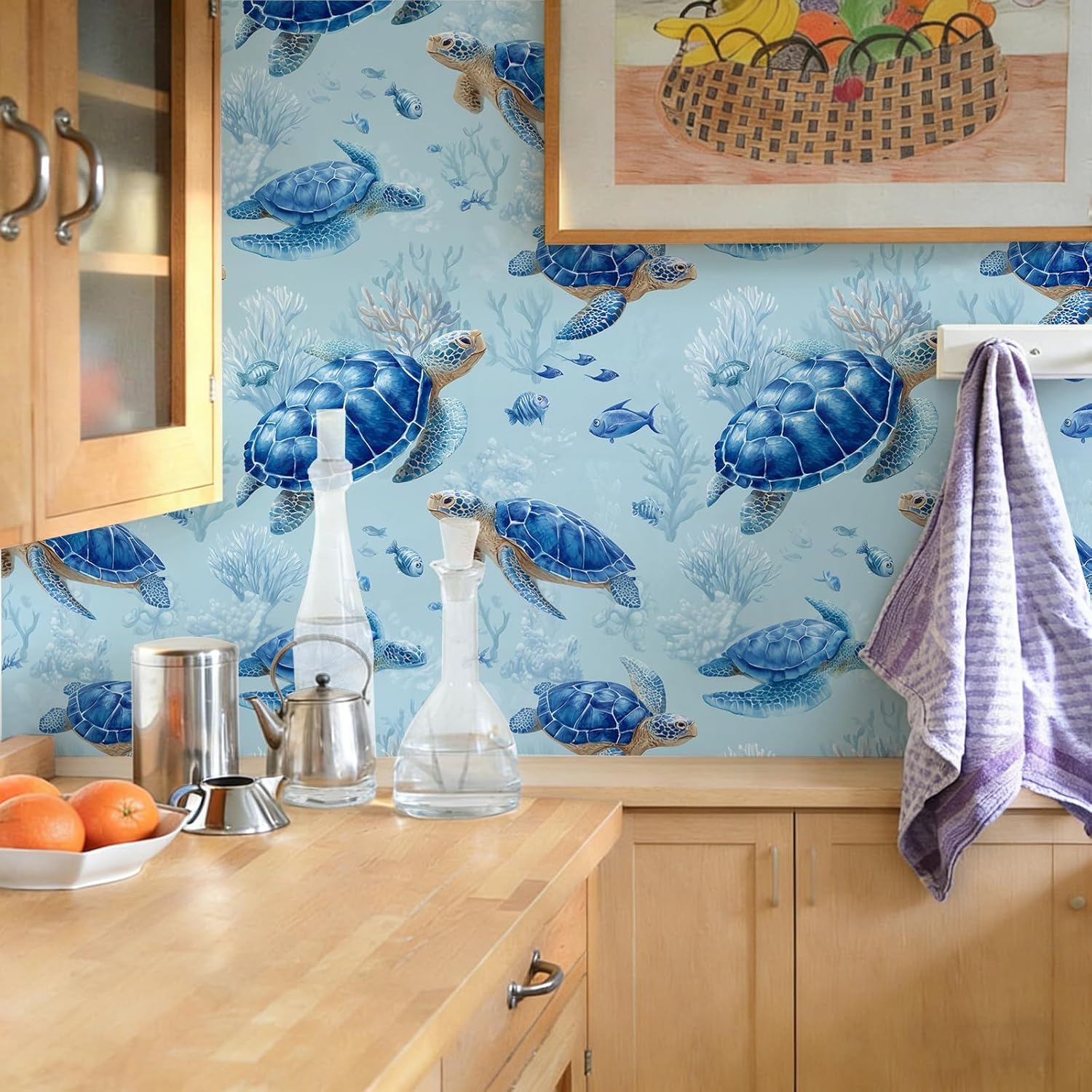 Watercolor Ocean Sea Turtle Peel and Stick Wallpaper Self Adhesive 17.72" x 236.2''Animal Fish Coral Light Blue Renter Friendly Removable Waterproof Wall Paper for Bathroom Nursery Kids Bedroom