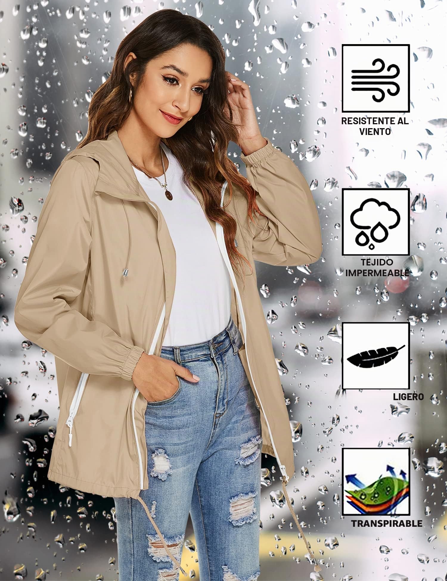 Rapbin Chubasquero para mujer, impermeable, ligero, cortavientos, plegable, con capucha, para correr al aire libre