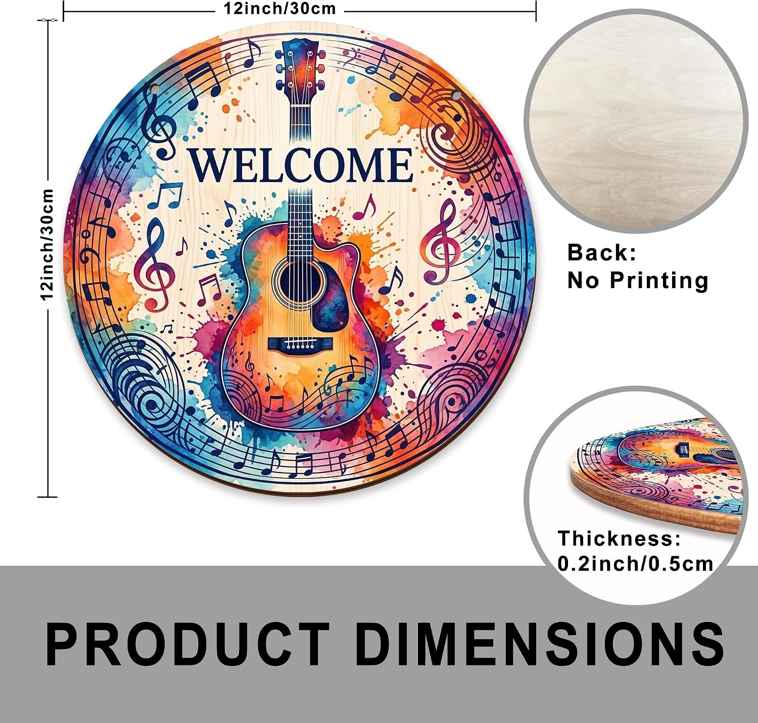 Guitar Welcome Sign for Front Door, Artistic Modern Musical Notes Swirls None Multicolor Wood Door Decorations Hanging Sign Front Decorations Outdoor Porch Set of 1 image 3