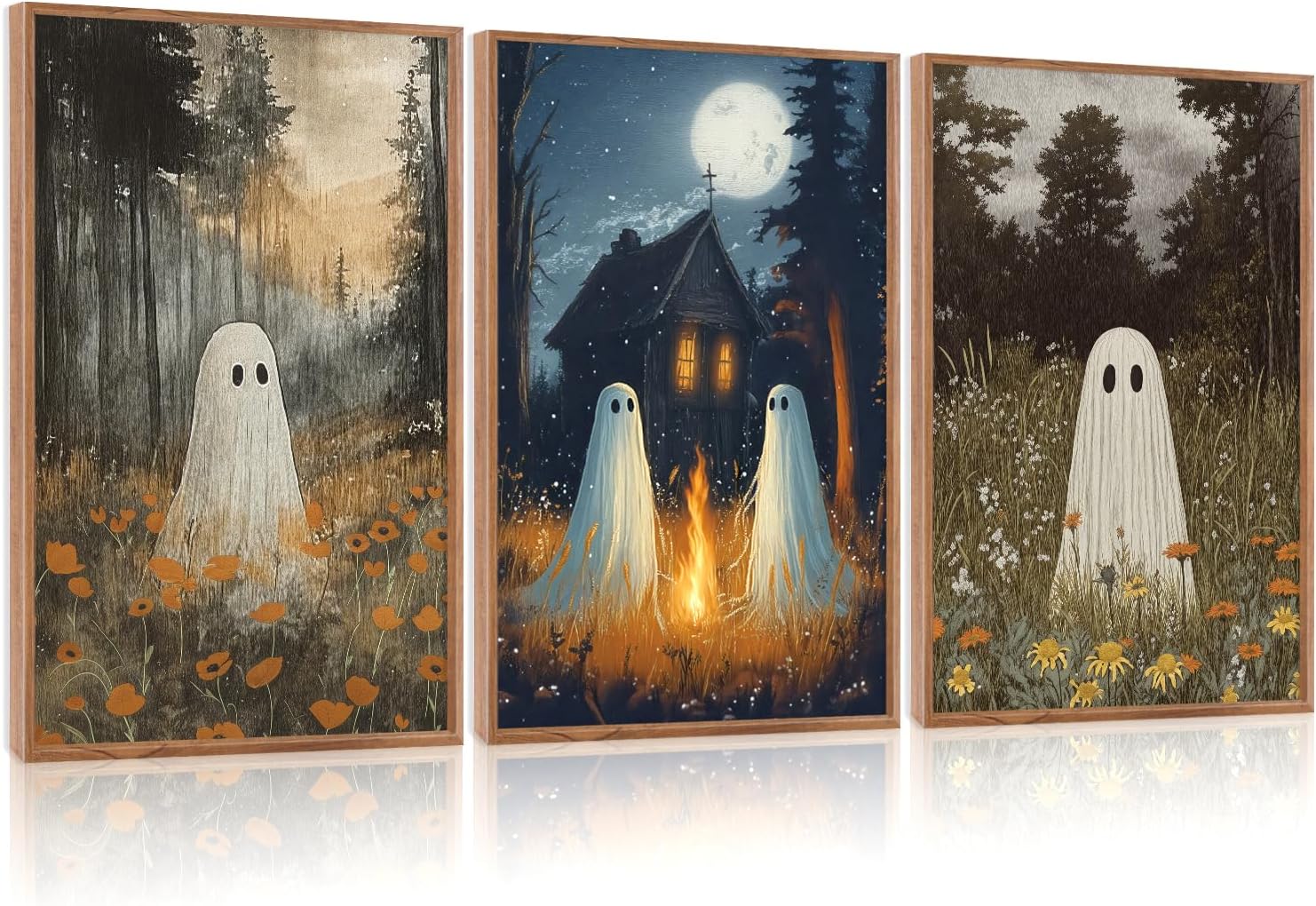 CHDITB Spooky Ghost Framed Canvas Wall Art Set, Halloween Party Gothic Wall Decor, Moonlit Cabin Art Cute Ghost Wall Painting, Vintage Country Landscape Art Prints for Living Room Bedroom 16"x24"x3 Ghost 16"x24"