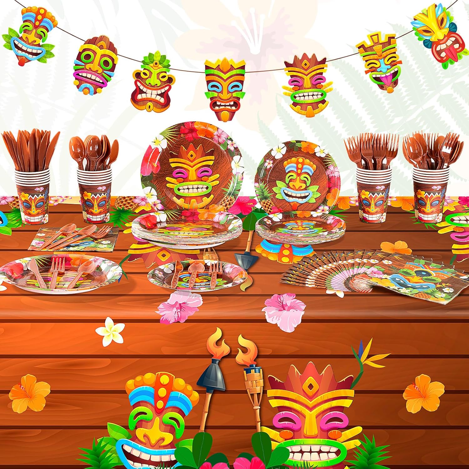 Willinglong 171 Pcs Hawaiian Luau Party Decorations Tiki Tableware Aloha Tropical Tablecloth Hawaiian Banner Paper Plates Napkins Tableware for Summer Hawaii Birthday Supplies Decorations
