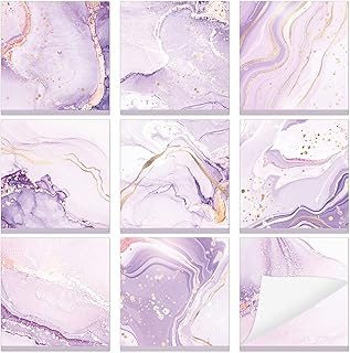 Jecery 9 Pads Marble Purple Sticky Note Pads Marble Self Stick Note Reminder List 3 x 3 Inch Adhesive Memo Pads Purple Marble Office School Supplies, 9 Designs, Golden, purple, white