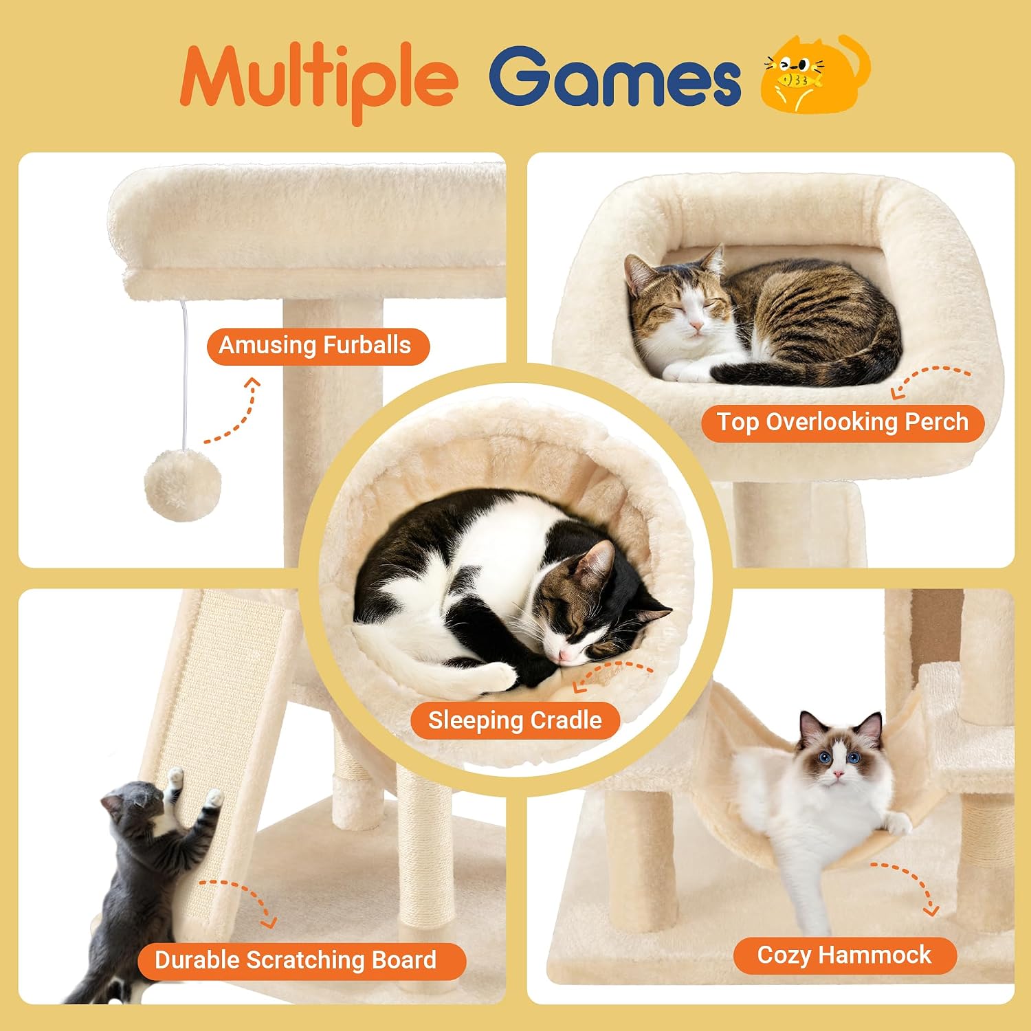Diagram showing multiple features of the cat tree including top perch, sleeping cradle, scratching board, and hammock.