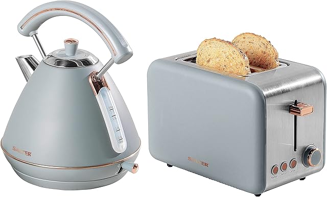 Salter COMBO-7313 Pyramid Kettle and 2-Slice Toaster, 360 ° Swivel Base, Variable Browning Control, Grey and Rose Gold Edition