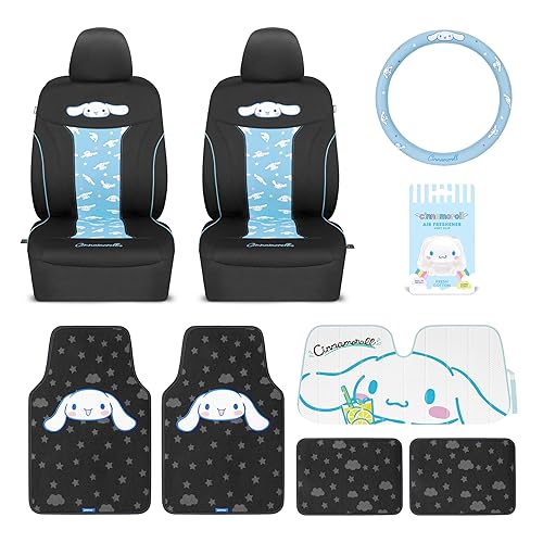 Cinnamoroll Car Seat Covers, Car Floor Mats, Steering Wheel Cover, Windshield Sun Shade for Car Gift Pack Car Air Freshener Black and Blue Hello Kitty Car Accessories for Women 9pc Combo