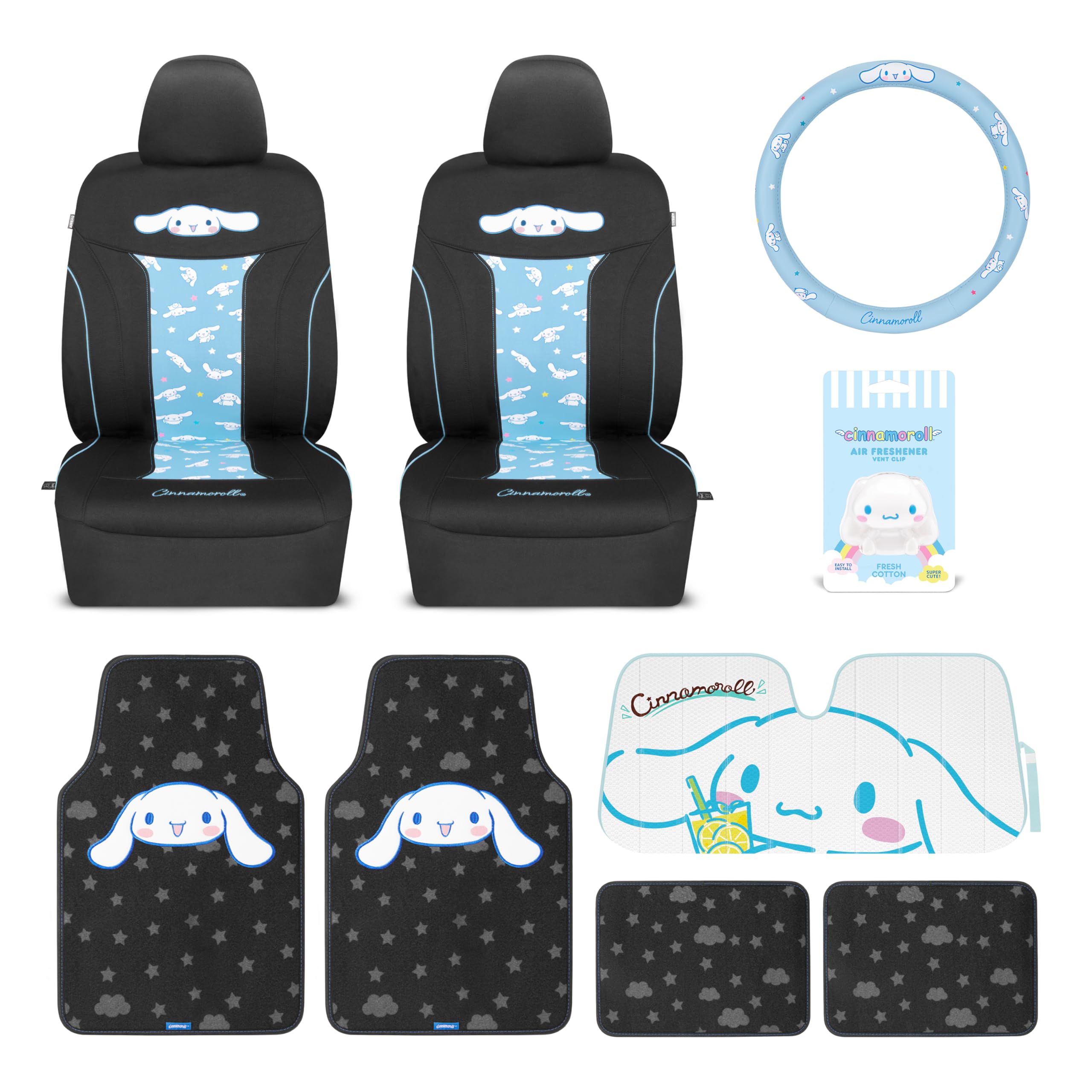 Cinnamoroll Car Seat Covers, Car Floor Mats, Steering Wheel Cover, Windshield Sun Shade for Car Gift Pack Car Air Freshener Black and Blue Hello Kitty Car Accessories for Women 9pc Combo