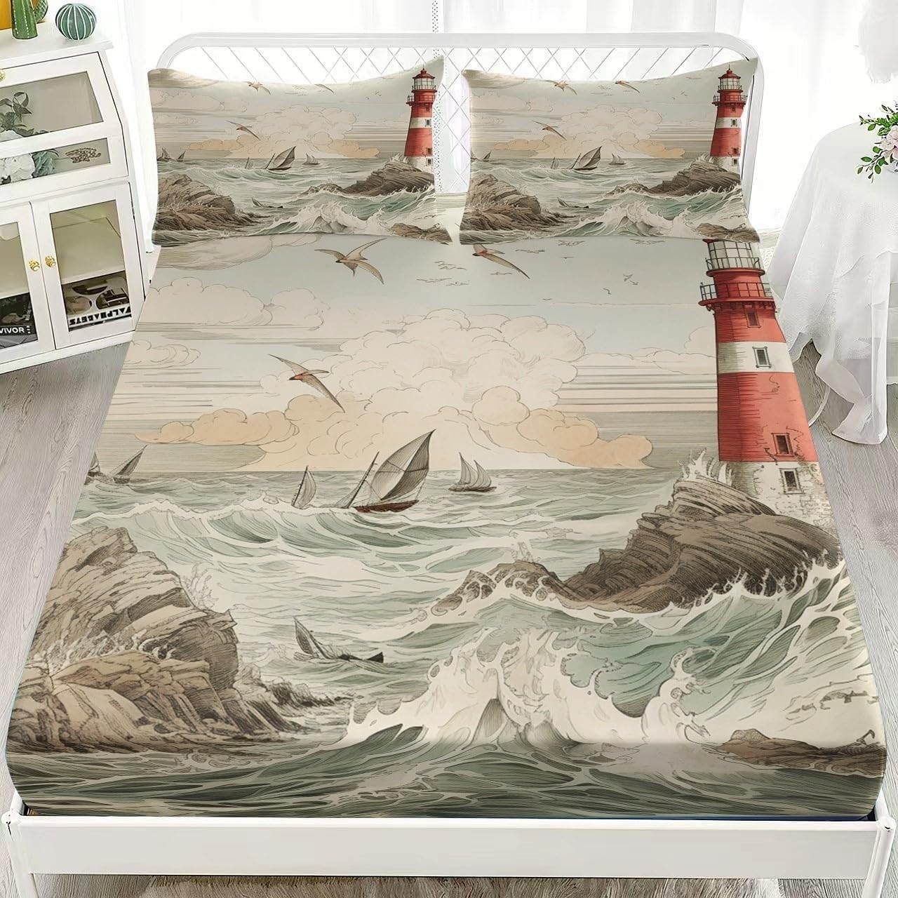 Lighthouse Super King Fitted Sheet Sailing Bed Sheets Deep Pocket 12 inch (30 cm) Soft Cozy 3 Piece Microfibre Bed Sheet 180x200 cm with 2 Pillowcases 50x75 cm
