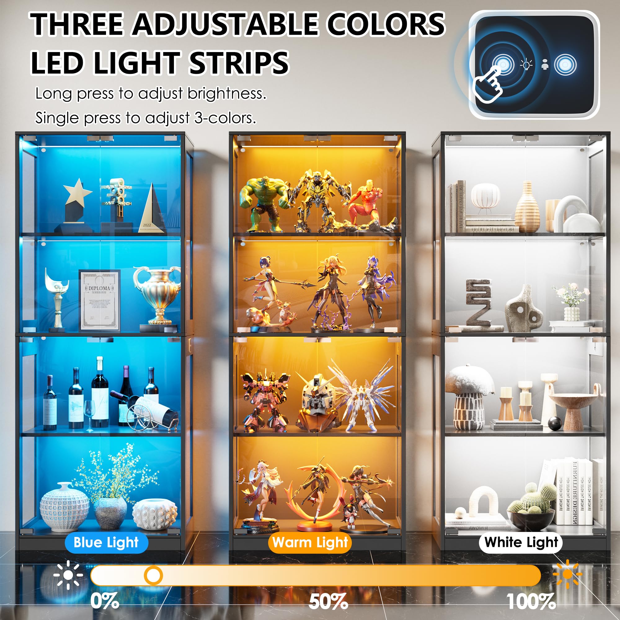 MSFE Glas Vitrinenschrank mit LED, Schaukasten Vitrine mit Intelligente Sensorik, 4 Lagen Glasvitrine Staubdicht, Sammlervitrine Schwarz, für Wohnzimmer, Schlafzimmer, Büro, Jede Schicht trägt 15 kg
