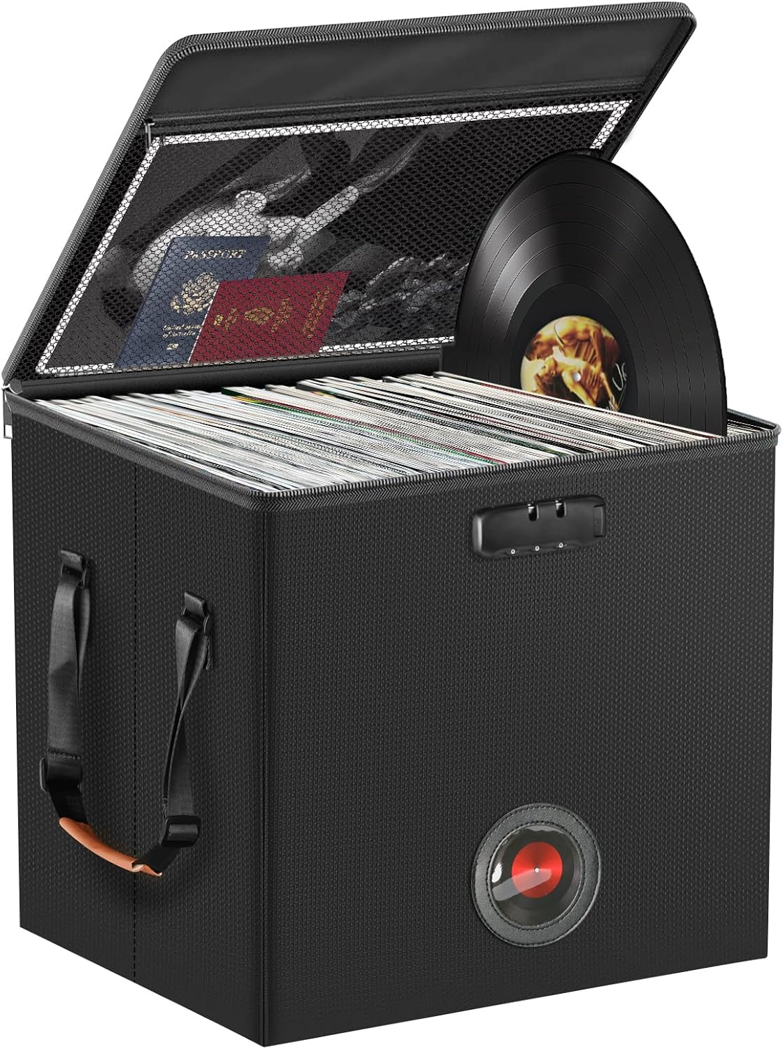 Vinyl Record Storage Box with Lock&Label,Fireproof＆Water Resistant LP Record Storage Crate for 100+ Single Records,Collapsible Vinyl Record Case with Lid&Handles for Valuable Album Collection
