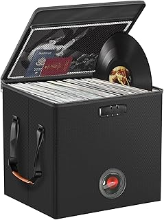 Vinyl Record Storage Box with Lock&Label,Fireproof&Water Resistant LP Record Storage Crate for 100+ Single Records,Collapsible Vinyl Record Case with Lid&Handles for Valuable Album Collection