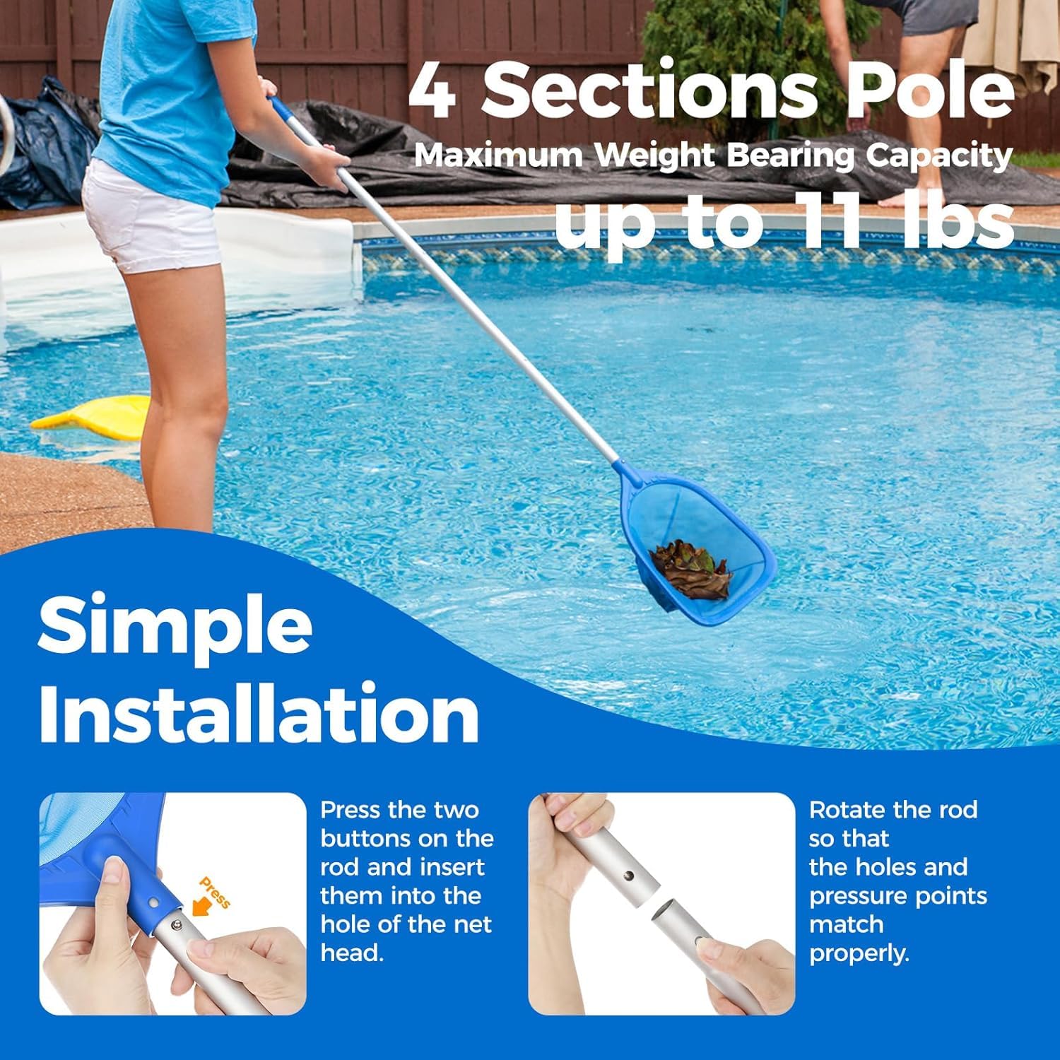 Recogehojas para Piscinas 195cm, Red de Limpieza de Piscinas,Recogehojas Piscina Malla Fina, Ajustable Mango, para Debris,Leaves,Unsectos y Otros Sedimentos