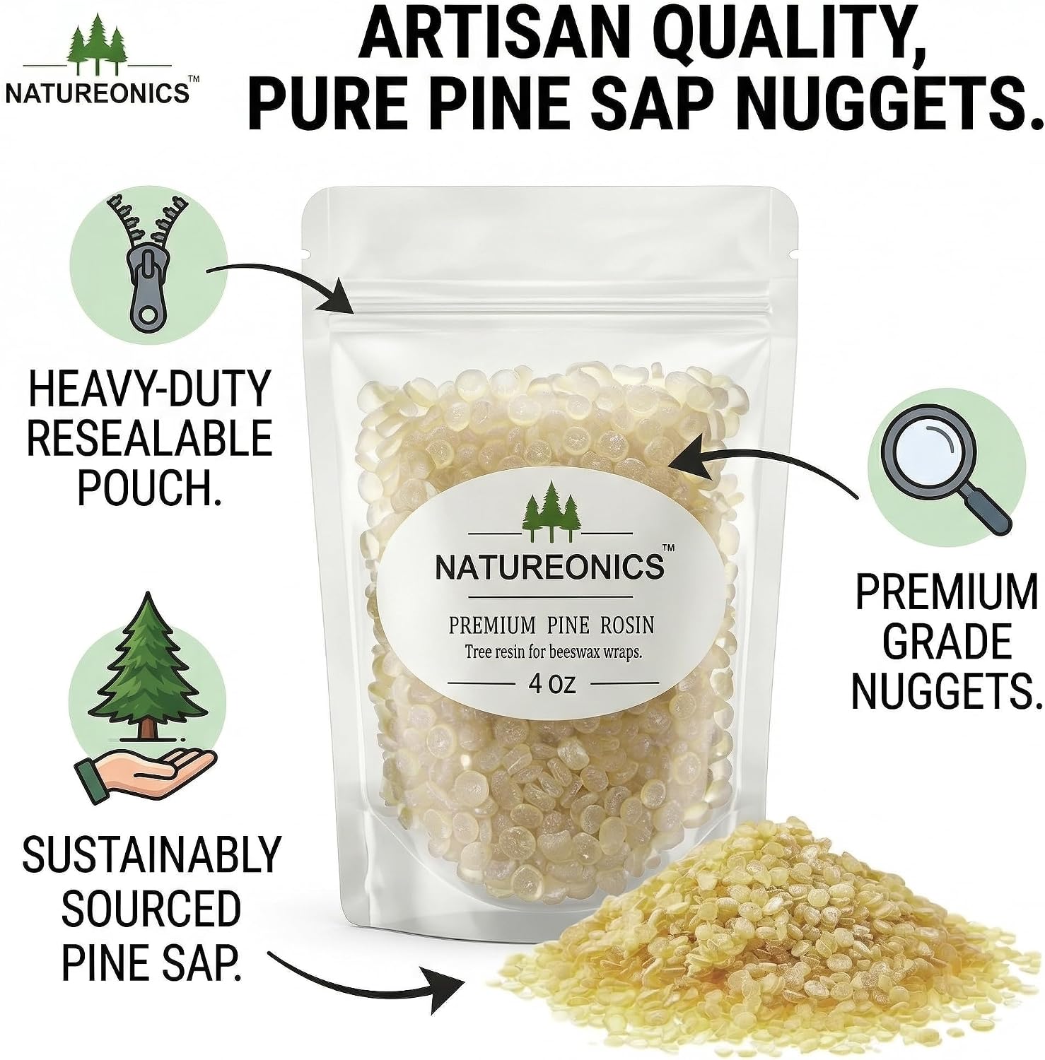 Natureonics 4 Oz Pure Pine Gum Rosin, Natural Pine Resin for DIY Beeswax Food Wraps, High-Tack Sticky Ingredient for Reusable Beeswax Wraps & Plastic-Free Fabric Wraps.