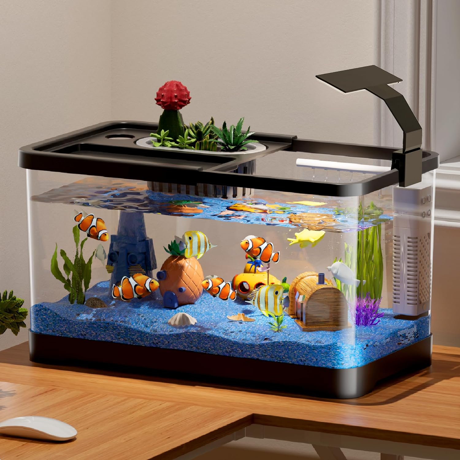 5.3 Gallon Fish Tank, 9 in 1 Betta Fish Tank, Aquarium with LED Full Spectrum 3 Color Light, 3 Modes Filter, Hydroponic Basket, Fishing Net, Shells, Aquatic Plant, Pebbles, Coral, Starter Kit (Black)