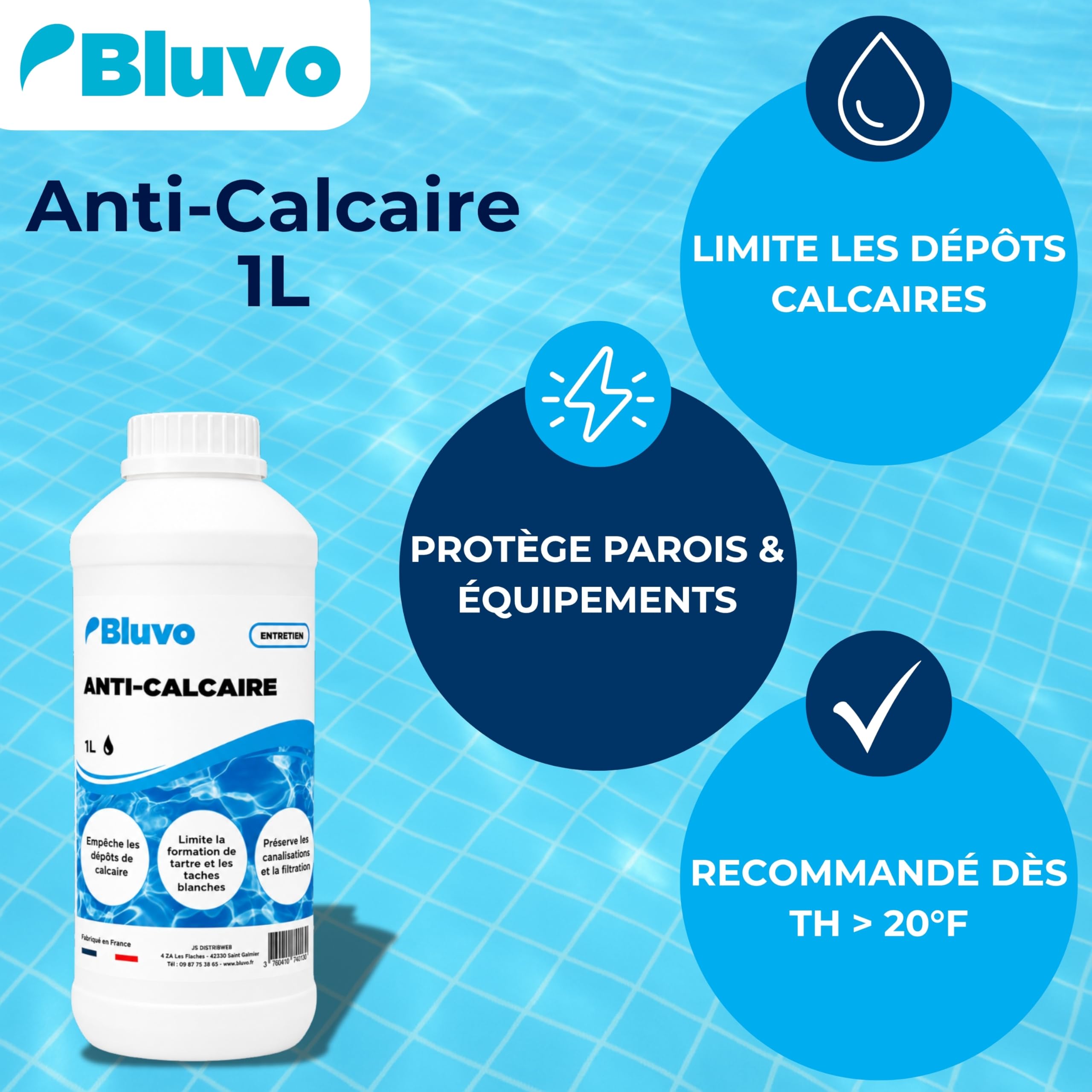 Bluvo Anti Calcaire Piscine et Spa – Traitement Préventif 1L Fabriqué en France
