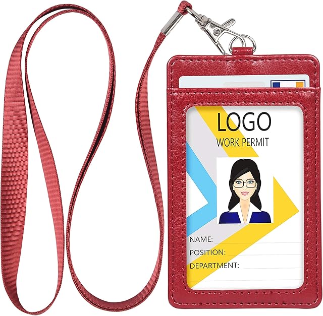 Teskyer Card Holder with Lanyard, ID Badge Holder with Clear Window and Holds 2 Cards, PU Leather Vertical Badge Holder for ID Cards, Offices, Schools, Bus Passes, Wine Red