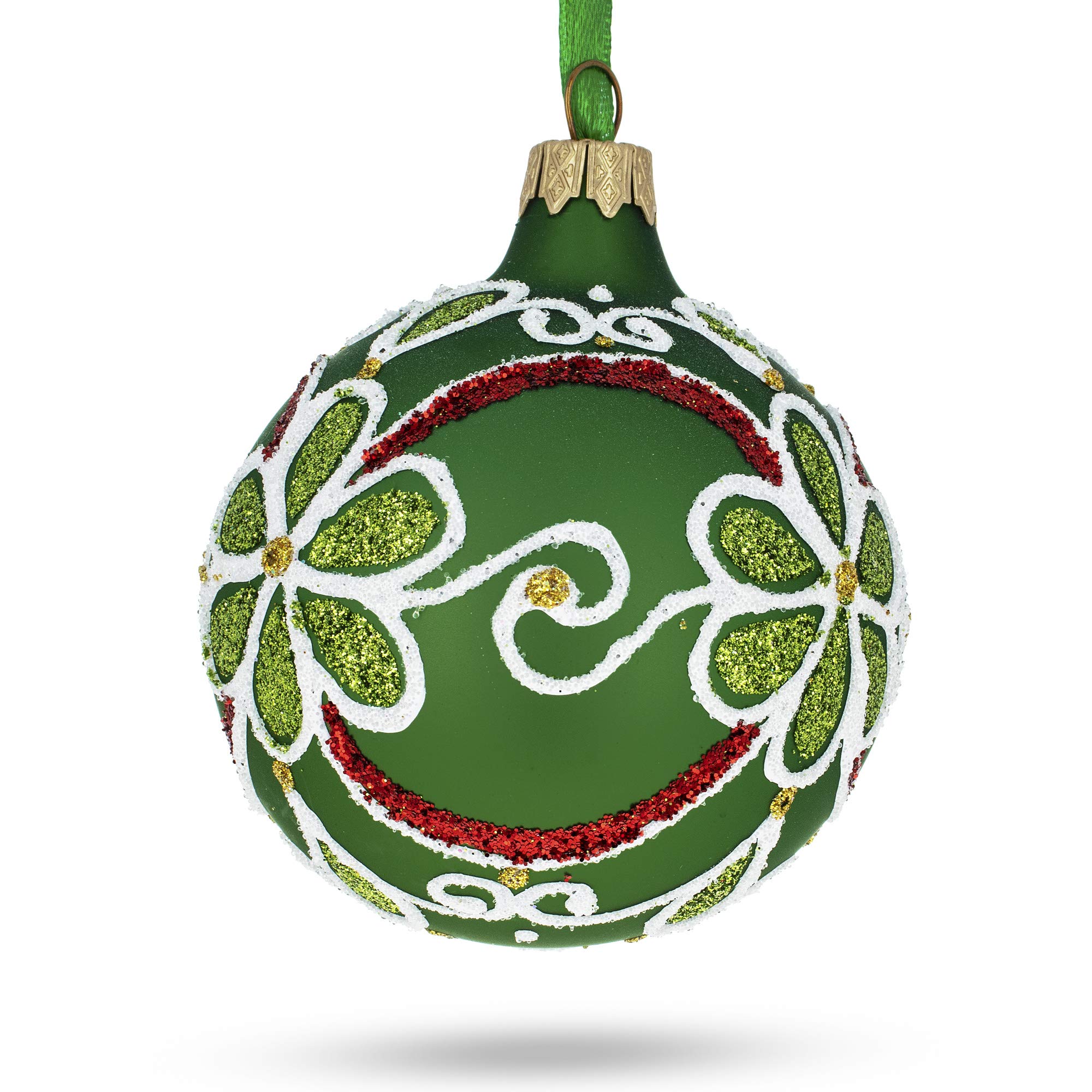 Brotas Esmeralda: Flores en Bola de Vidrio Verde Soplado Adorno de Navidad de 3.25 Pulgadas