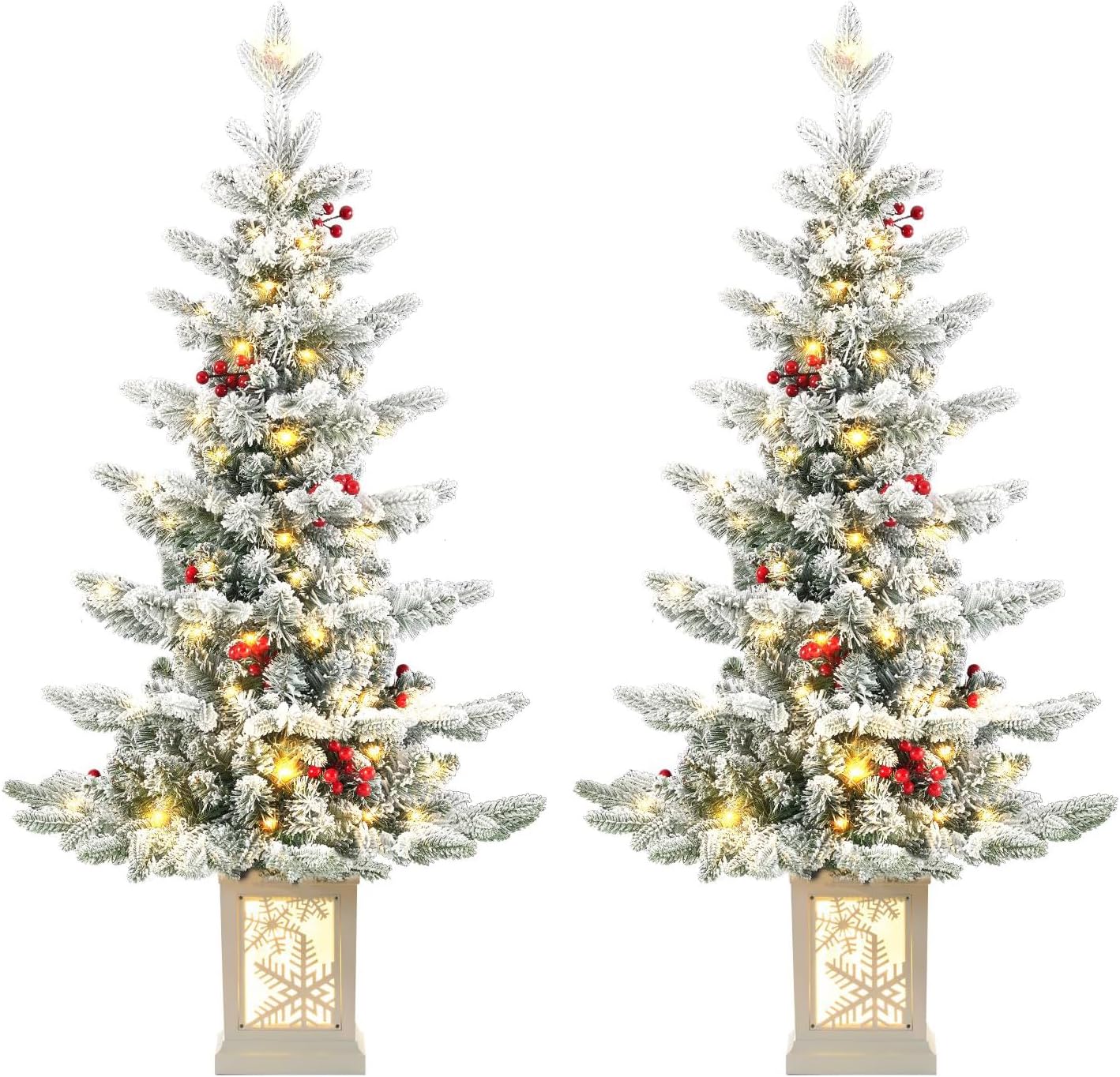 Two Pack Small Pre-Lit Christmas Tree with LED Lights - 3.5FT Snow Flocked Ariticifial Tree with Snowflake Base, Battery Operated & Auto Timer for Home Office Xmas Decor