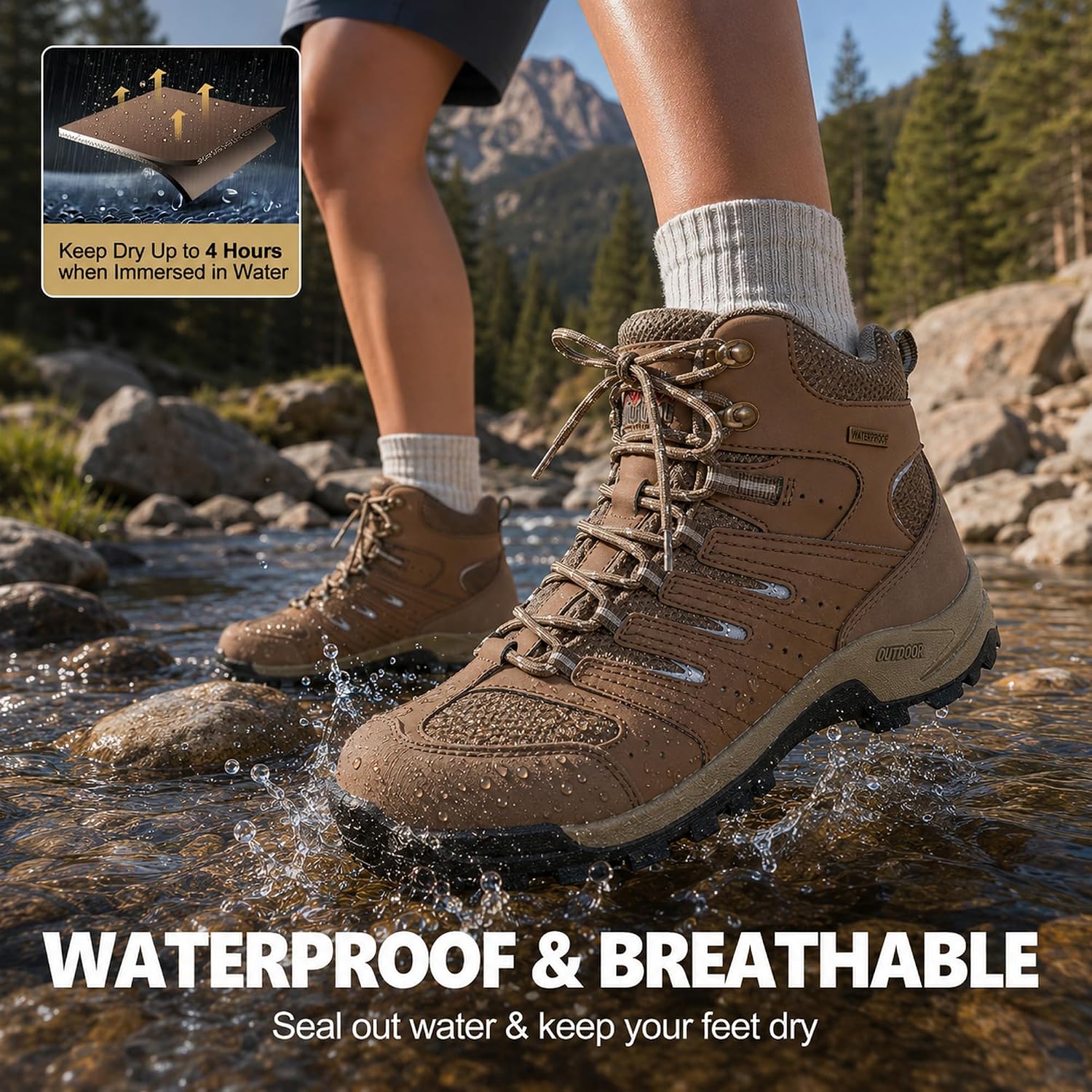 R CORD Womens Hiking Boots Waterproof Slip-Resistant Cushioned Support Durable for Hiking, Travel, Rainy Days, Camping, and Outdoor Adventures