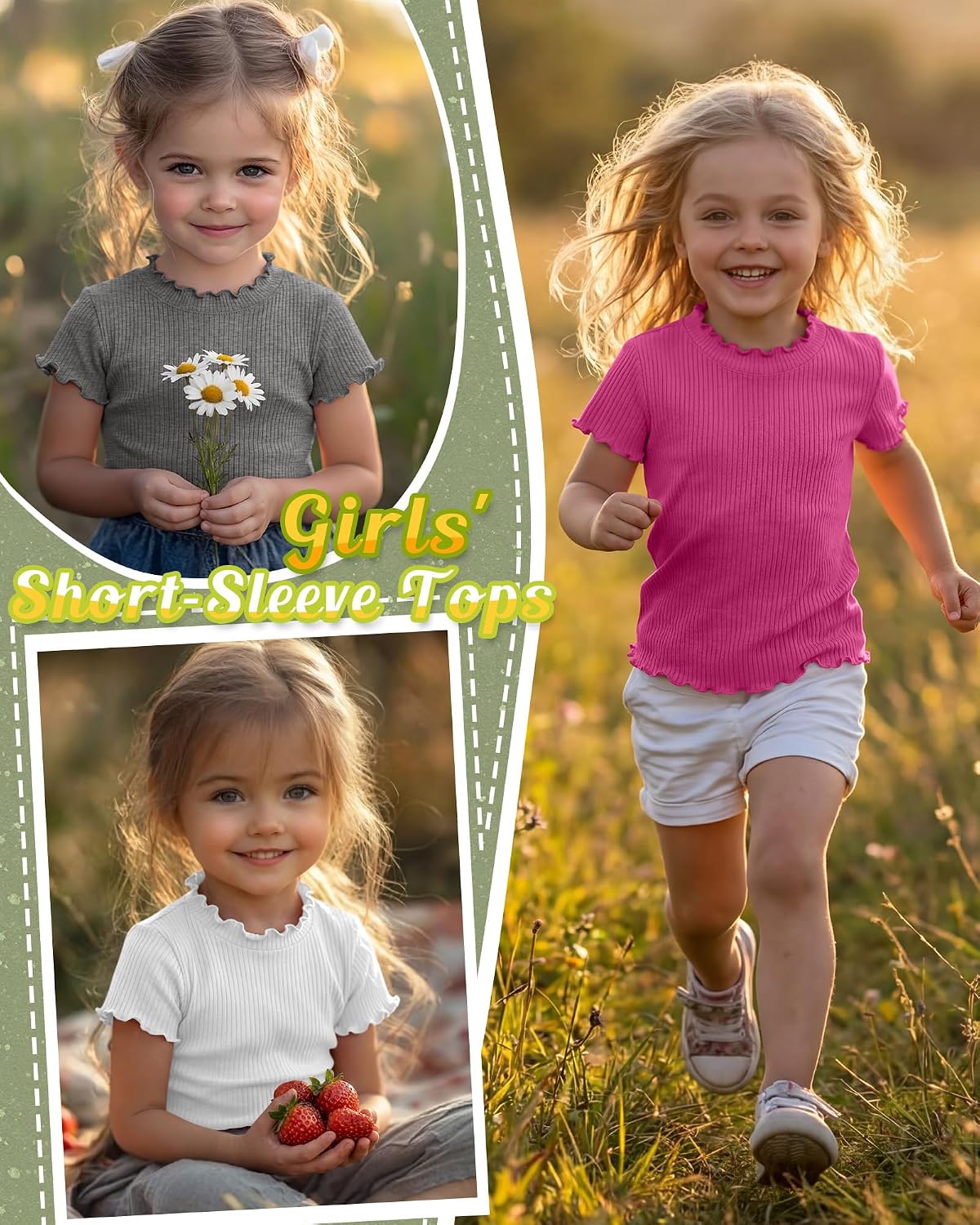 5 Pack Girls' T Shirts Ribbed Knit Short Sleeve Tops Lettuce Trim Crew Neck Tees Slim Fit Shirts Multipack