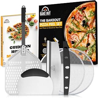 BAKE OUT Perforated Pizza Peel Set 12''x14'' - 5-Pcs Pizza Peel Set with Pizza Cutter, 16-Inch Pizza Screen, Dough Scraper Cutter - Professional Pizza Oven Accessories for Pastry, Baking, Pizza