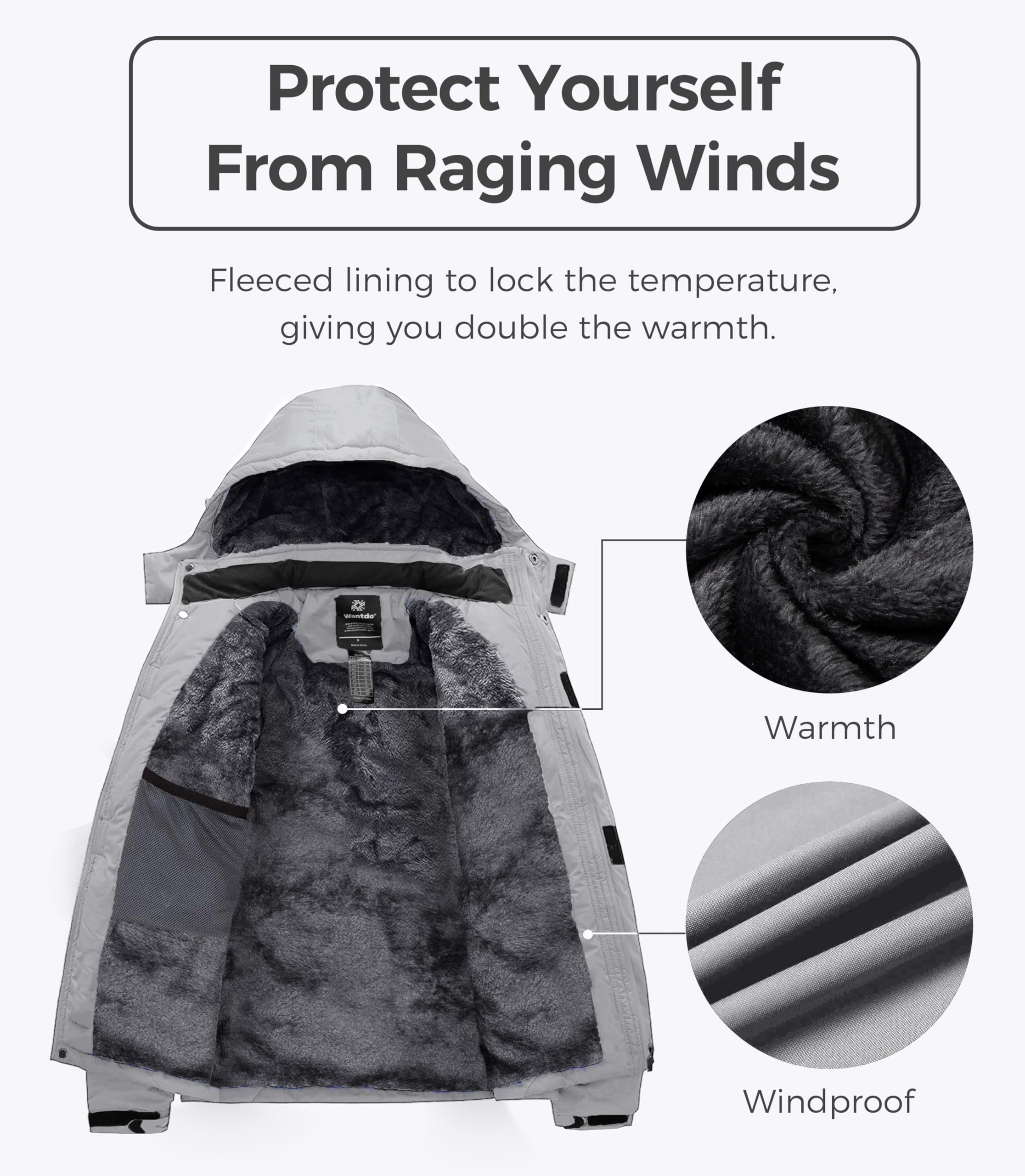 Wantdo Giacca da Sci Montagna Calda Invernale Parka da Neve Imbottita Cappotto da Snowboard in Pile Giubbotto con Cappuccio Impermeabile Uomo