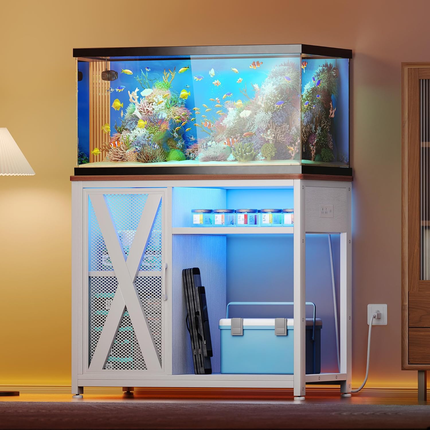 YITAHOME Fish Tank Stand with Power Outlets & LED Light, 40-50 Gallon Metal Aquarium Stand with Cabinet for Fish Tank Accessories Storage for Turtle Tank, Reptile Terrarium, 660LBS Capacity, White