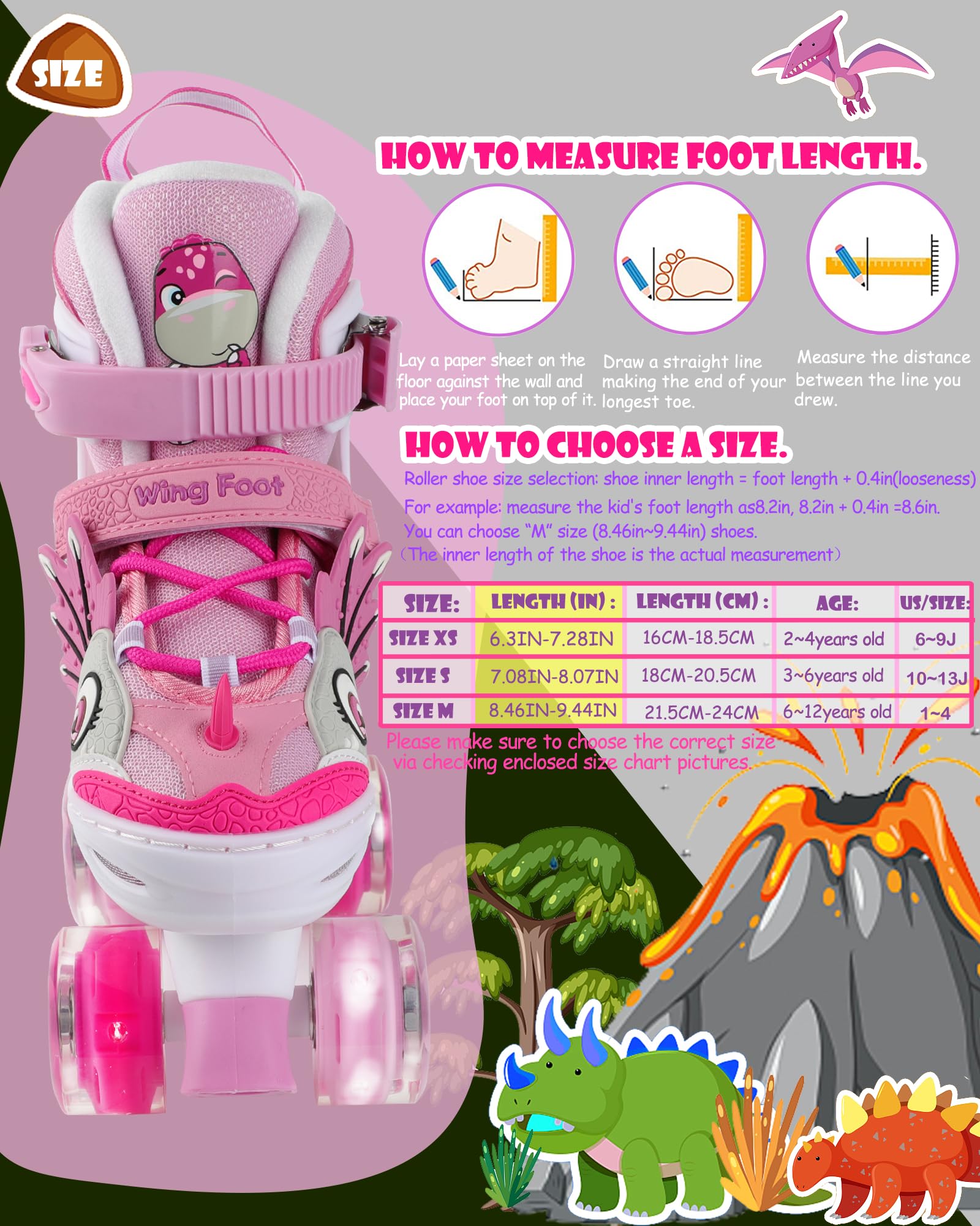 Dinosauro Pattini a Rotelle Bambina Pattini Bambina Pattini a 4 Ruote Regolabili con Tutte Ruote LED per Ragazzi Bambina Principianti Regalo di Compleanno Natale
