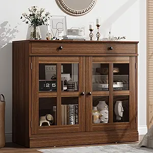 GarveeHome 35.4" Sideboard Buffet Cabinets with Glass Door, Buffet Cabinet with Storage, Walnut Sideboard Cabinet with Drawer, Modern Buffets & Sideboards for Dining Room, Kitchen