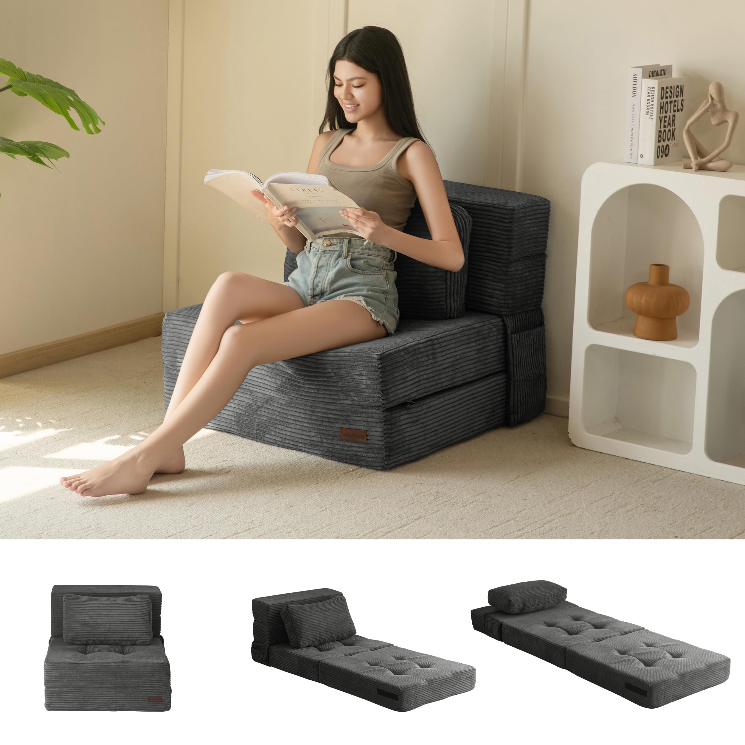 MAXYOYO Folding Foam Sofa Bed, Tri-Fold Mattress with 1 Pillow, Convertible Sofa Chair Futon Z Bed with 15cm Thincken Foam, Portable 3 in 1 Floor Couch