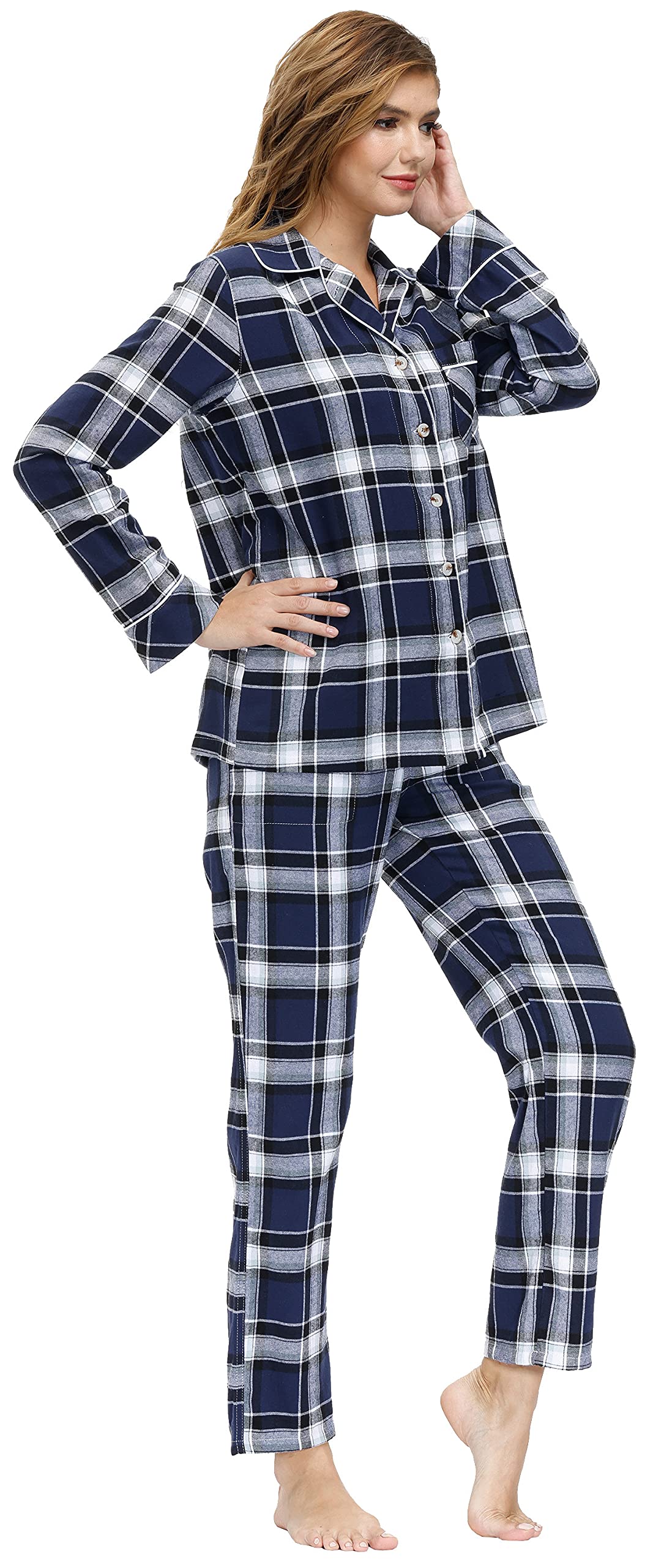 MoFiz Pyjama Femme Coton Ensemble de Pyjama Carreaux Vêtements de Nuit Boutonné à Manches Longues Pantalon avec Poches