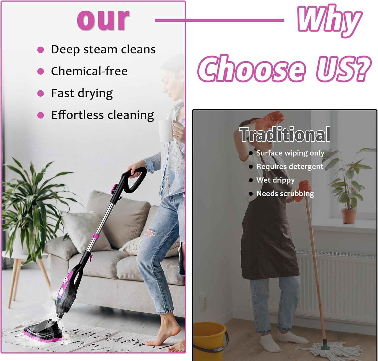 Steam Cleaner for Home, Handheld Floor Steamer Cleaner, Lightweight All in 1 Steam Mop Detachable Steamer for Hardwood Floor Tile Couch, 2 Washable Pads, 1550W 212°F Deep Cleaning, Pink