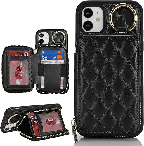 Miniatura 9 de Funda tipo cartera con tarjetero para iPhone 11, funda para iPhone 11, con cremallera y ranura para soporte, para mujeres y hombres, 6.1 pulgadas