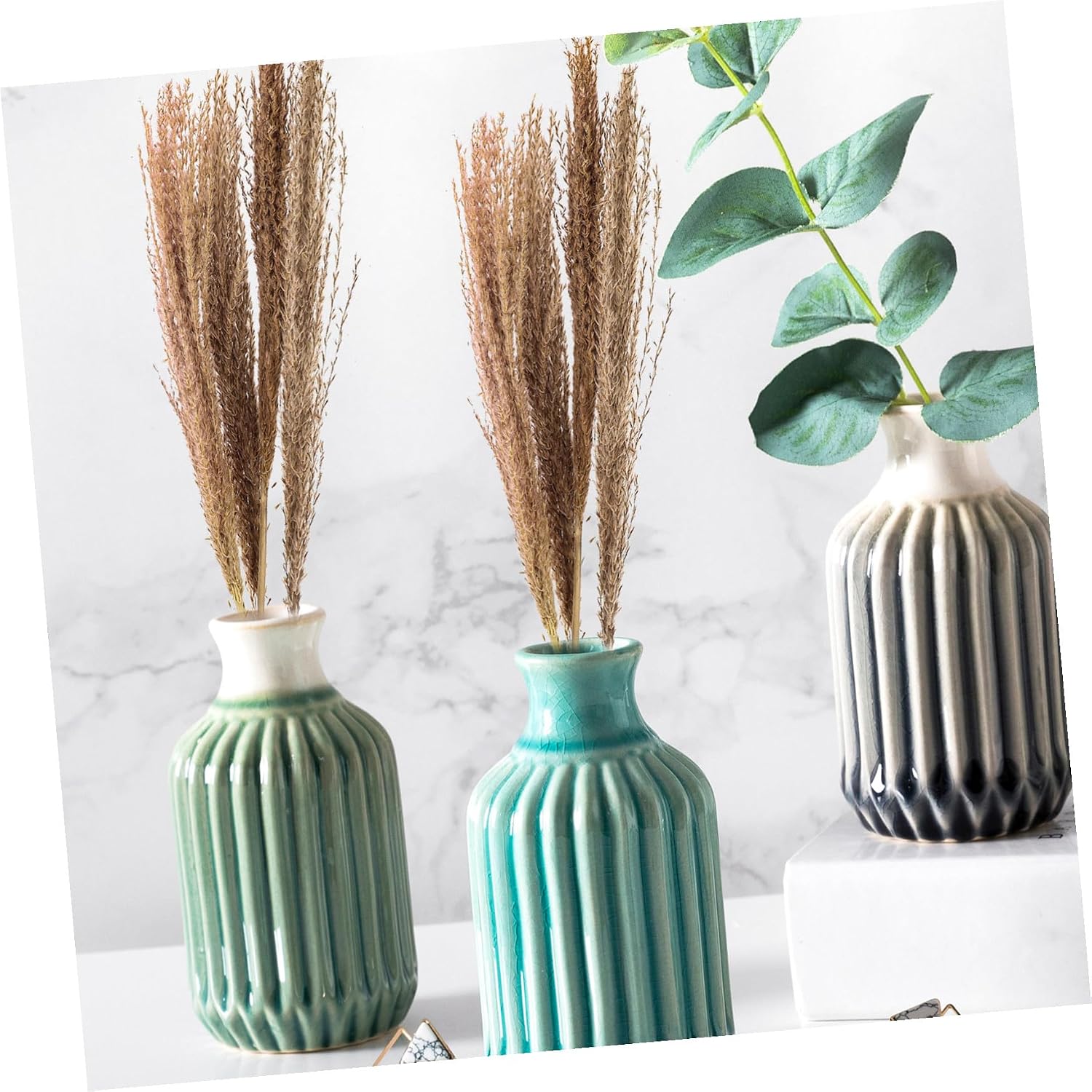 Dried Pampas Grass Bouquet with Box Simulation Plant Table Decoration for Home Dining DIY Floral Arrangement Wedding Centerpiece Boho Style Natural Look