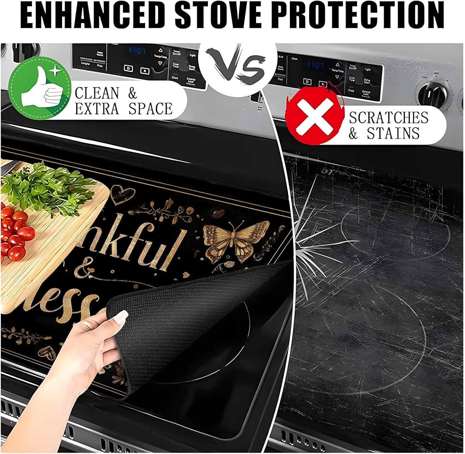 Multifunctional stove cover, suitable for glass electric stoves, three-in-one heat-resistant protective mat, size 28.34x20.47 inches, reinforced edges with anti-slip design (Kitchen Theme 2)