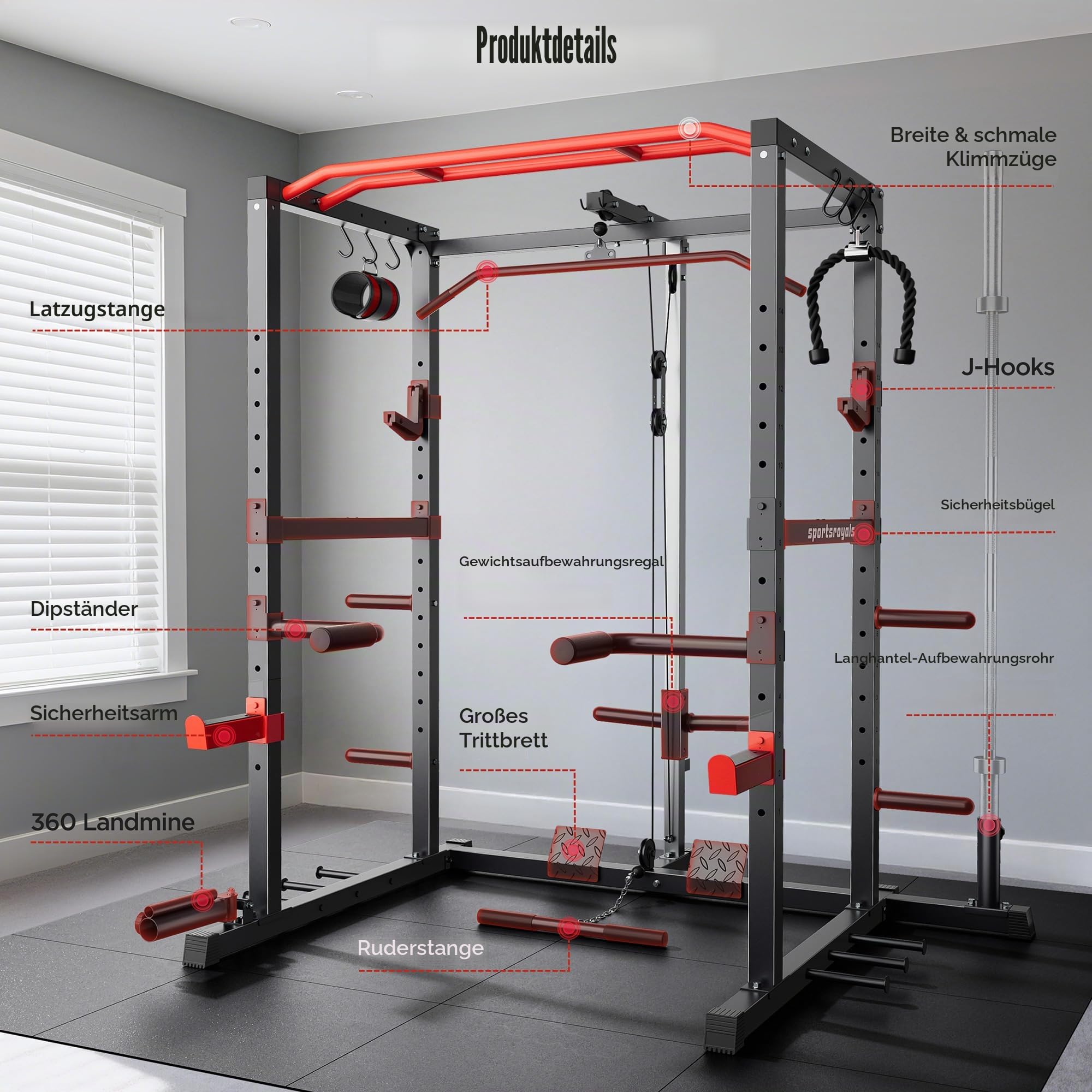 Sportsroyals Power Rack, multifunktionaler Power-Käfig mit LAT-Pulldown-Riemenscheibensystem, Kniebeugenständer mit mehr Trainingsaufsätzen für Zuhause, Fitnessstudio, 544 kg Tragkraft, Rot