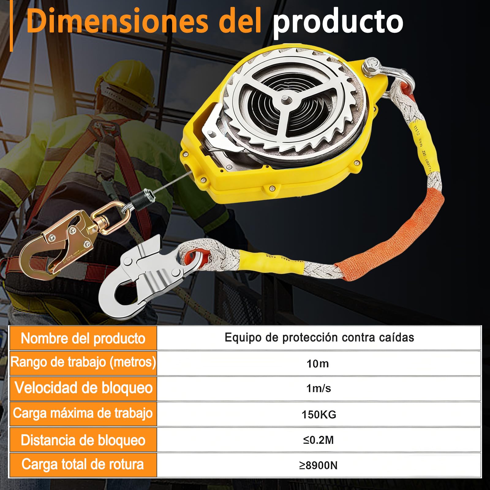 Dispositivo Anticaidas Retráctil Seguridad 10m, Línea de Vida Autorretráctil con Gancho Giratorio de 360°, Arnés Seguridad Más Anticaida para Tejados Capacidad de Carga de 150 kg (Amarillo)