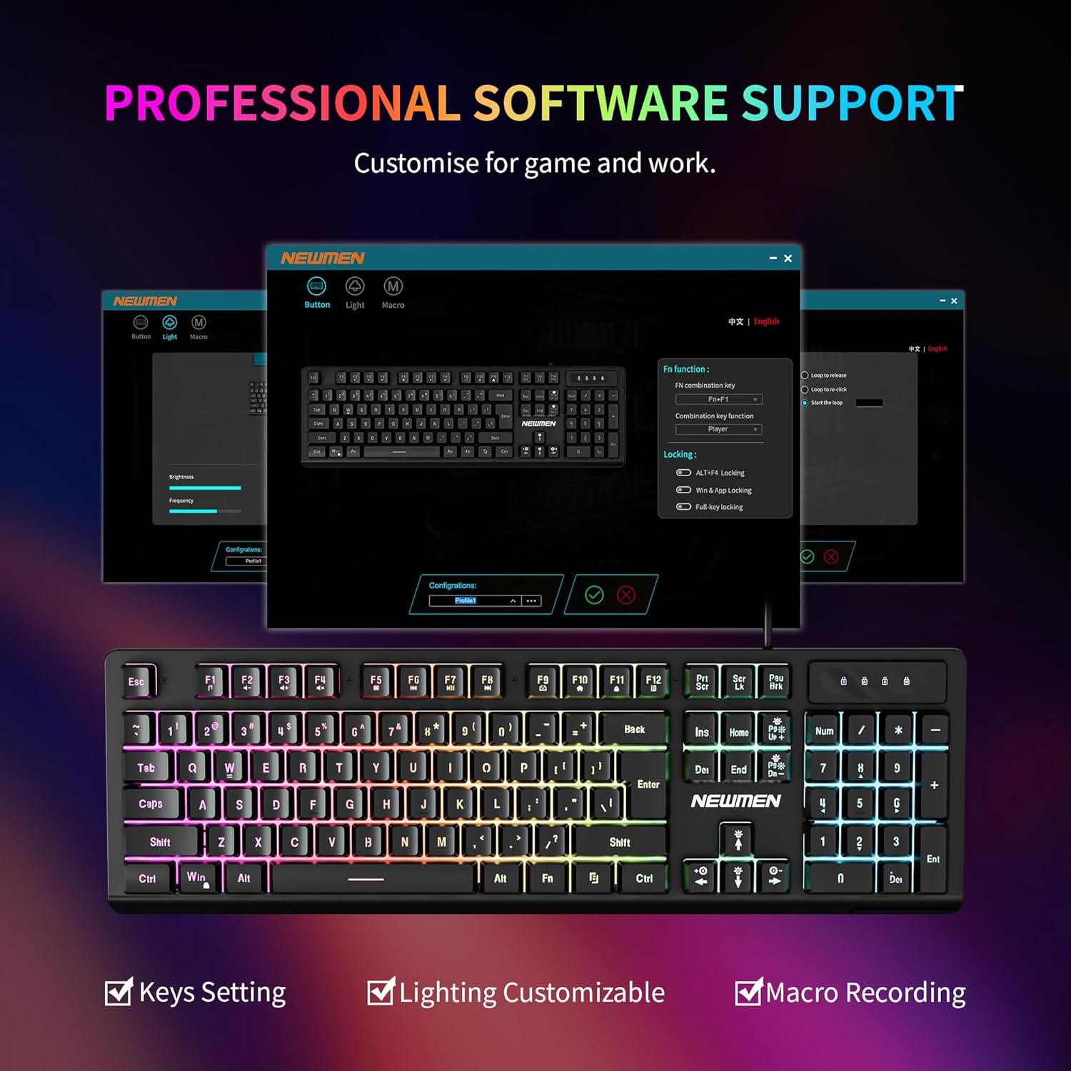 Newmen GM104 Keyboard with RGB backlighting and backlight control icons