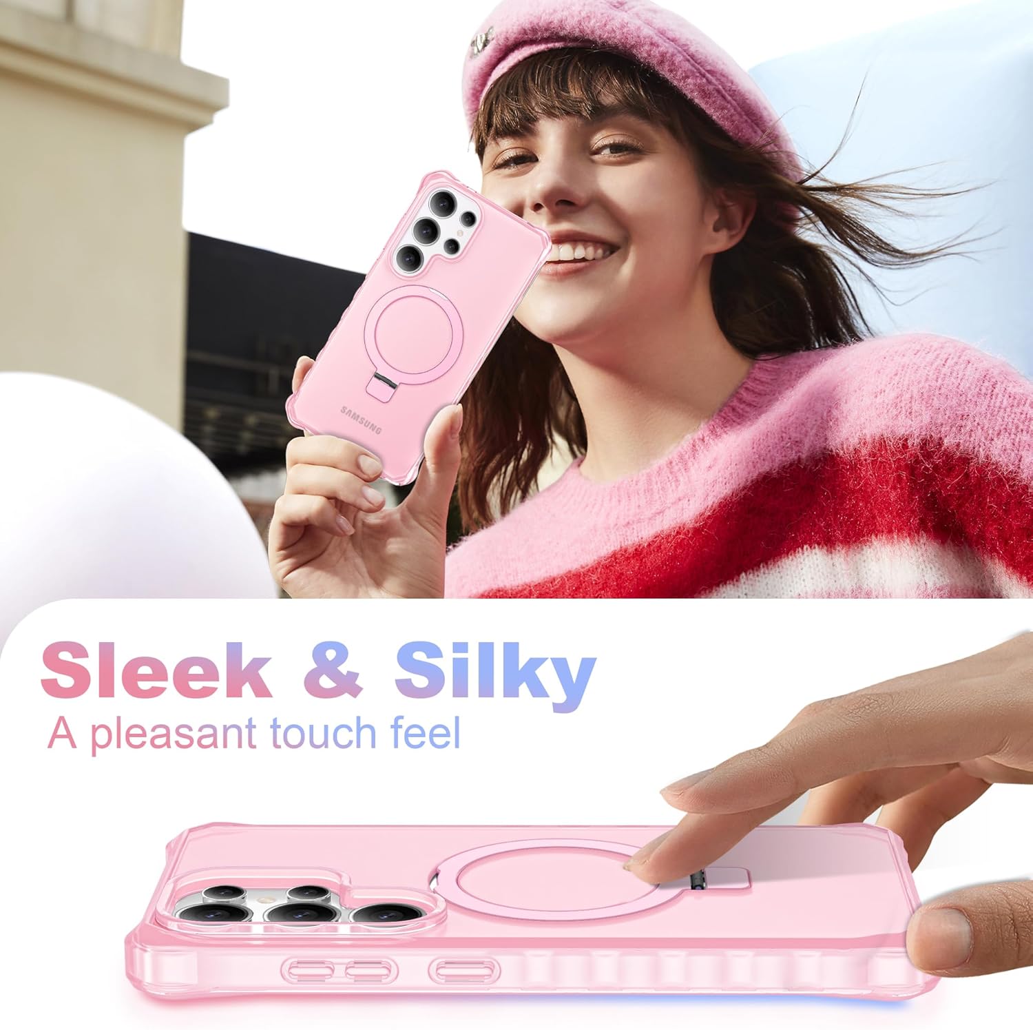 Compatible with Samsung Galaxy S25 Ultra Case 6.9'' Cute Wavy Frame with Magnetic Stand [Compatible with Mag-Safe] Military-Grade Translucent Phone Case for Women Girls，Pink - Image 7