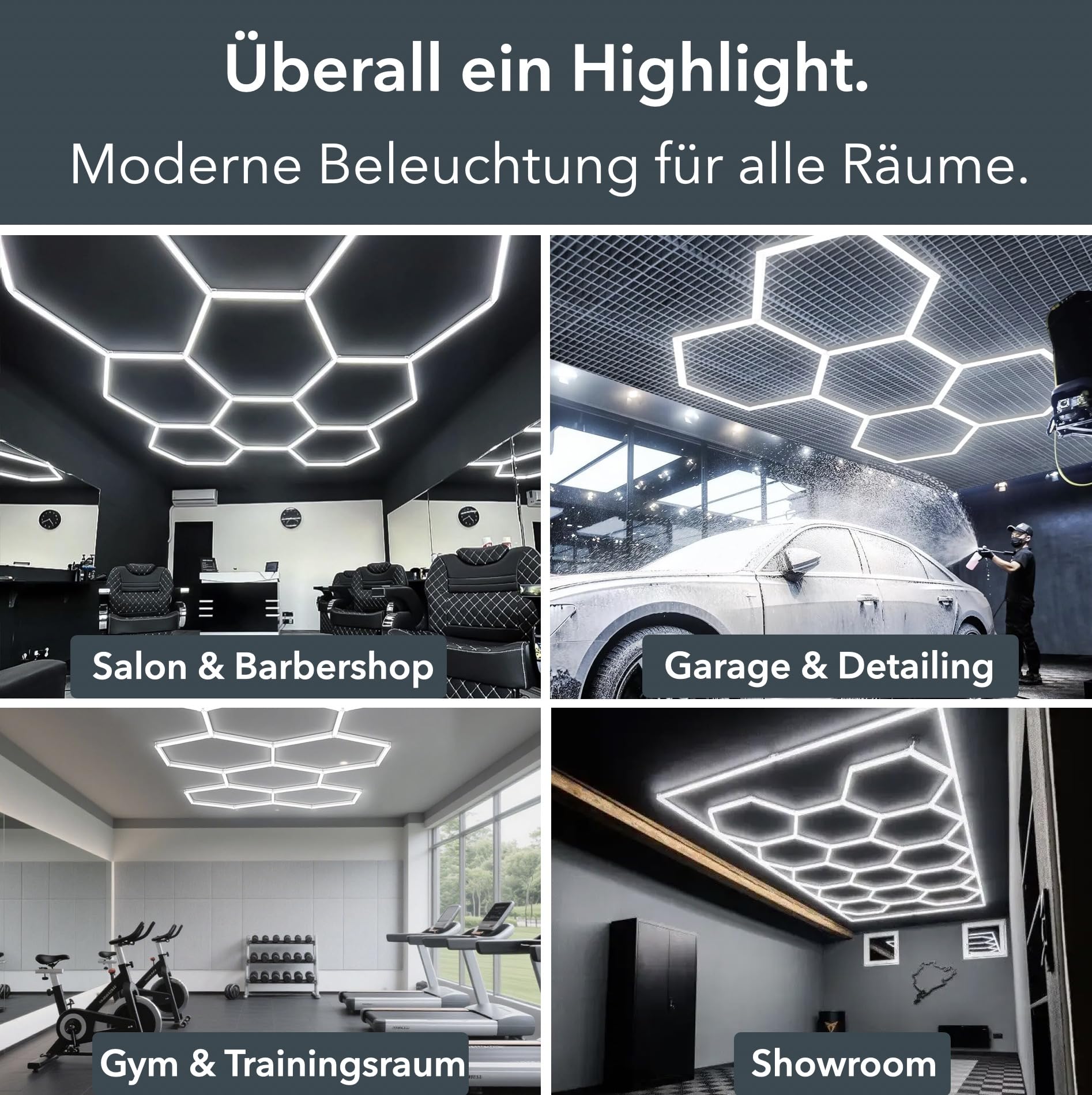 lambado® Hexagon LED Deckenleuchte Garagenlampe 5er Set | Farbtemperatur 6500K Weiß | für Werkstatt Garage Fitnessstudio Barber Shop Salon Showroom