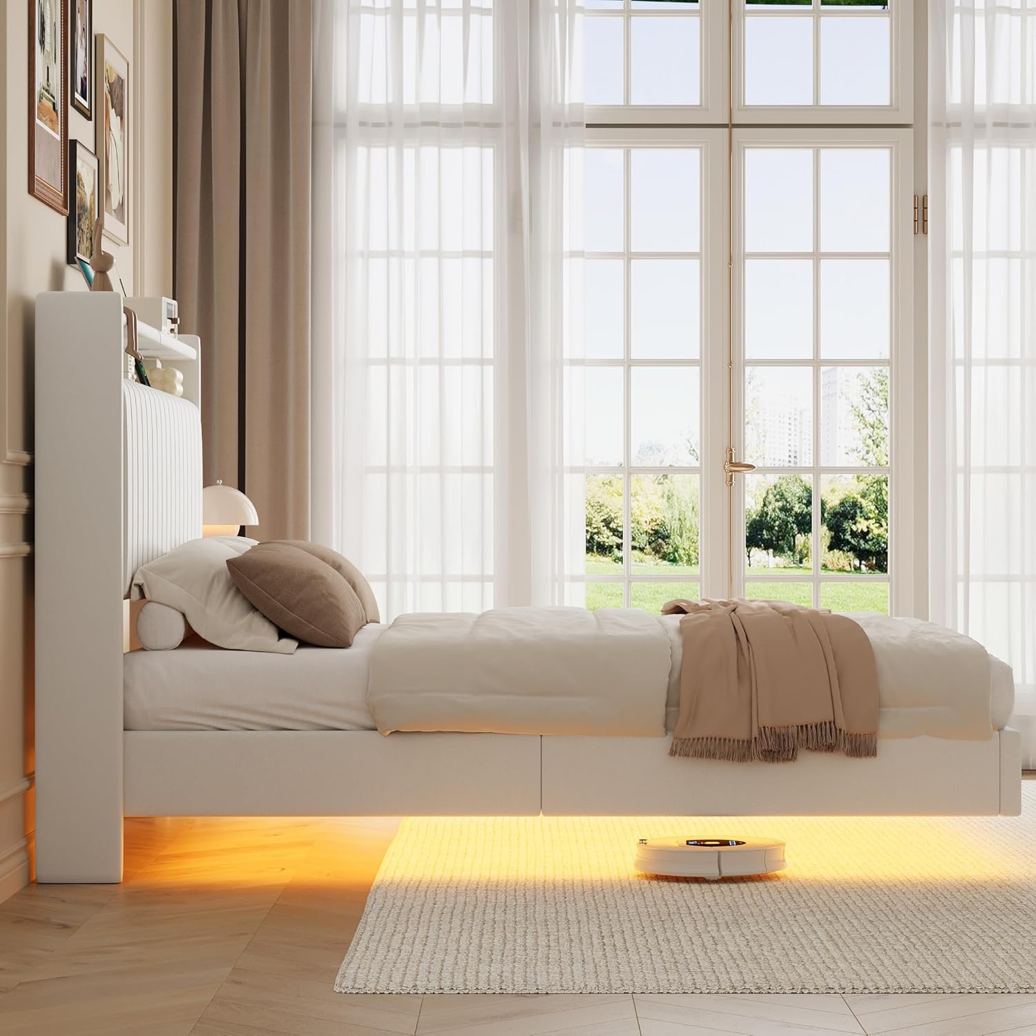 IDEALHOUSE Queen Bed Frame, Floating Queen Size Bed Frame with Storage & Charging Station, Upholstered Platform Bed with RGB LED Lights & Charging Station, No Box Spring Needed, PU Leather White
