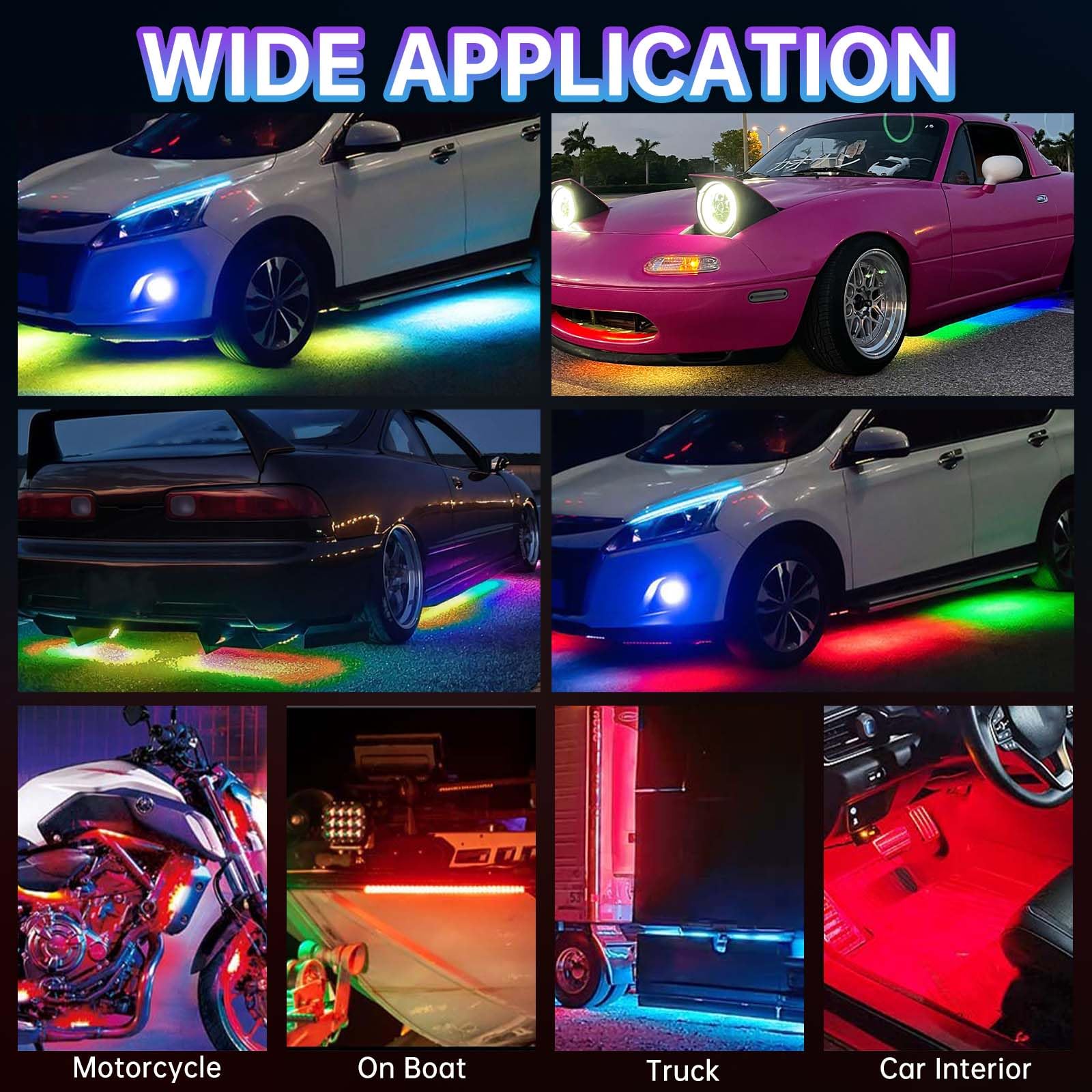 DREAMIZER Kit Luci Sottoluce per Auto - 6 Pezzi, Multicolore RGB, Sincronizzazione Musicale, APP e Telecomando, Impermeabile, LED per Camion SUV