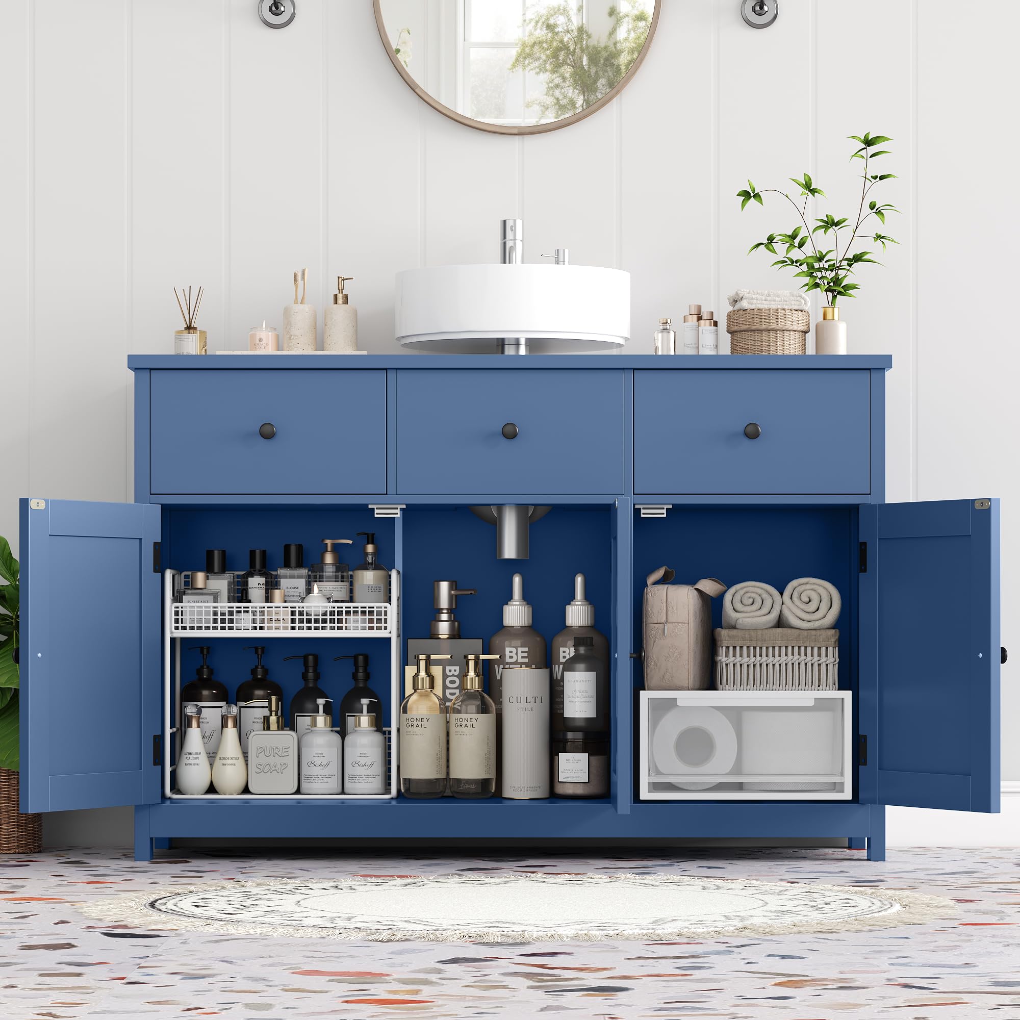 FOREHILL 100cm Mueble Bajo Lavabo, Mueble Baño, Mueble Lavabo con Pie, con 3 Puertas, 2 Cajones, 100 x 30 x 61 cm (Azul)