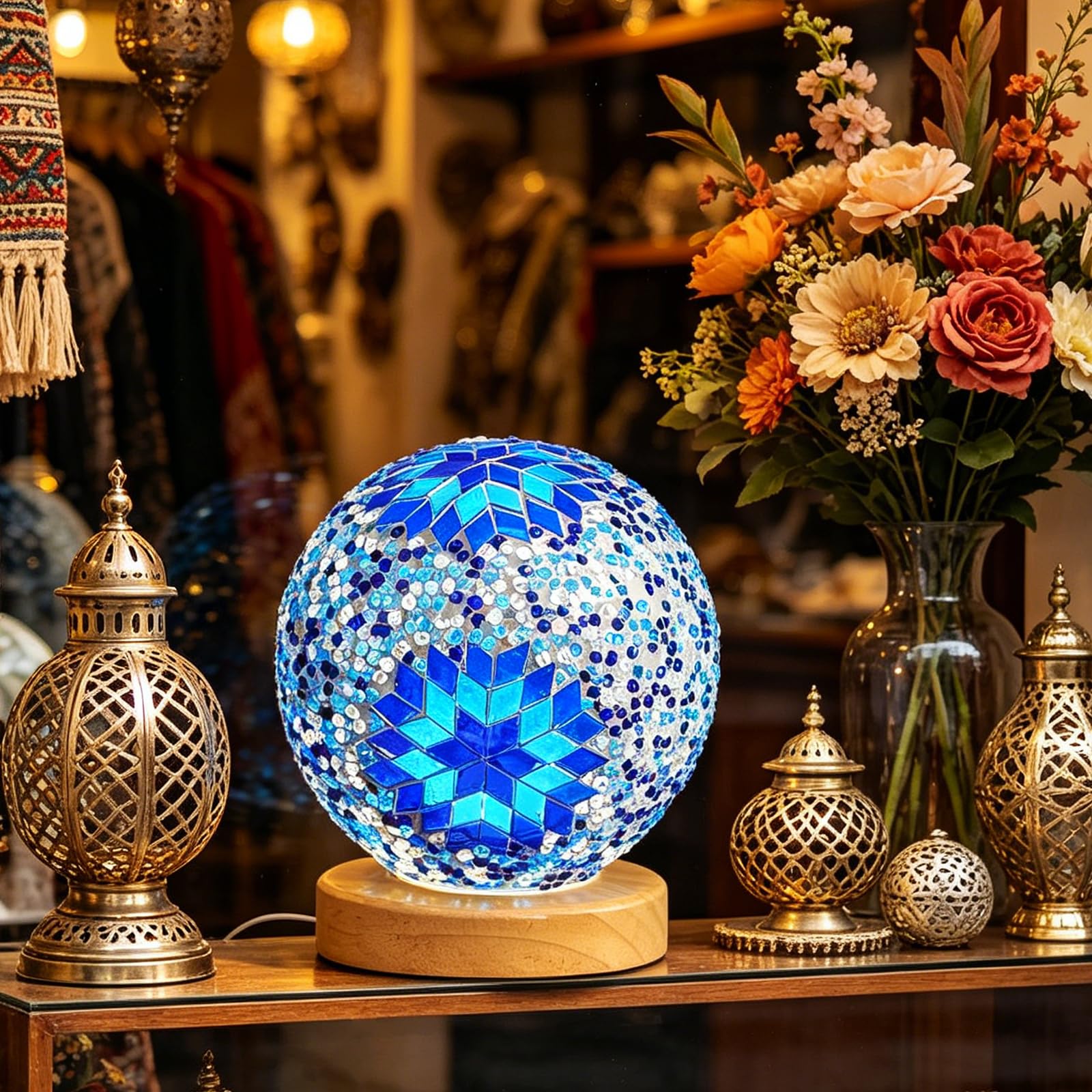 shulovehua Blue Mosaic Lamp Vintage Retro Stained Turkish Bohemian Bedside Colorful Handmade Glass with Wood Base USB Power Decor Light for Kids Room Bedroom Living Room Farmhouse(Boho-Blue, Boho)