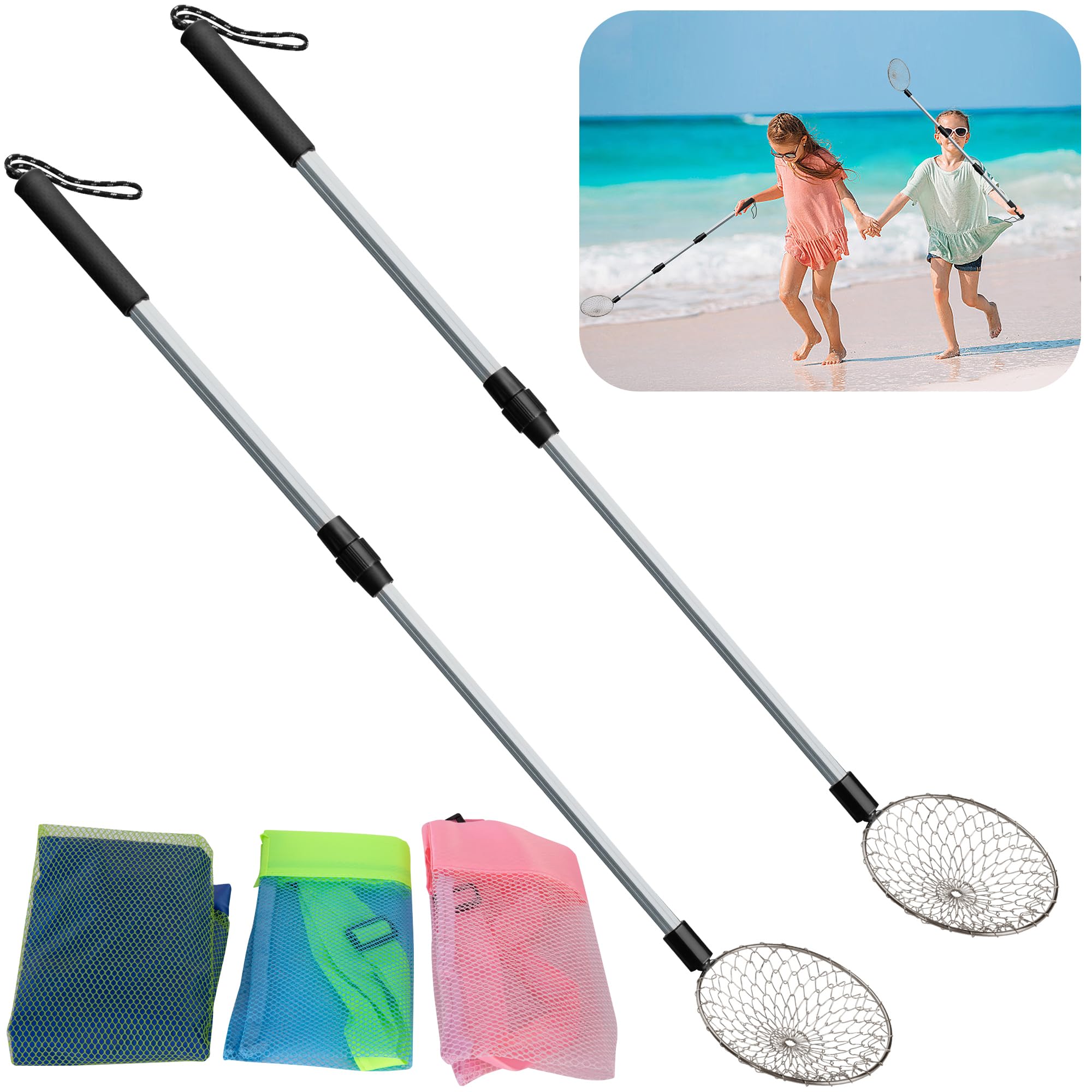 codree 5 Pcs/Set Beach Sand Sifter with Beach Bags- Shark Tooth Sifter- Sand Scoop Shell Scooper for Beach- Beach Scoop Shovel and Sifter Tool for Picking Up Shells Beachcombing & Rock Hunting