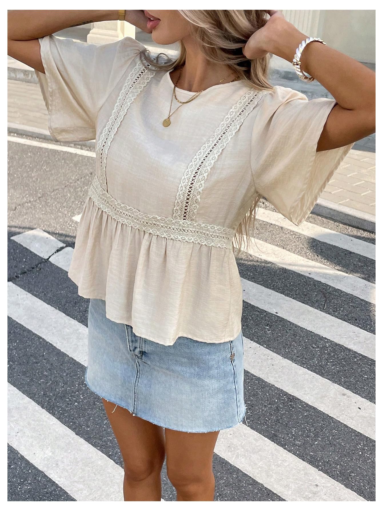 MakeMeChic Women's Bow Tie Back Blouse Crew Neck Ruffle Short Sleeve Shirt Tops